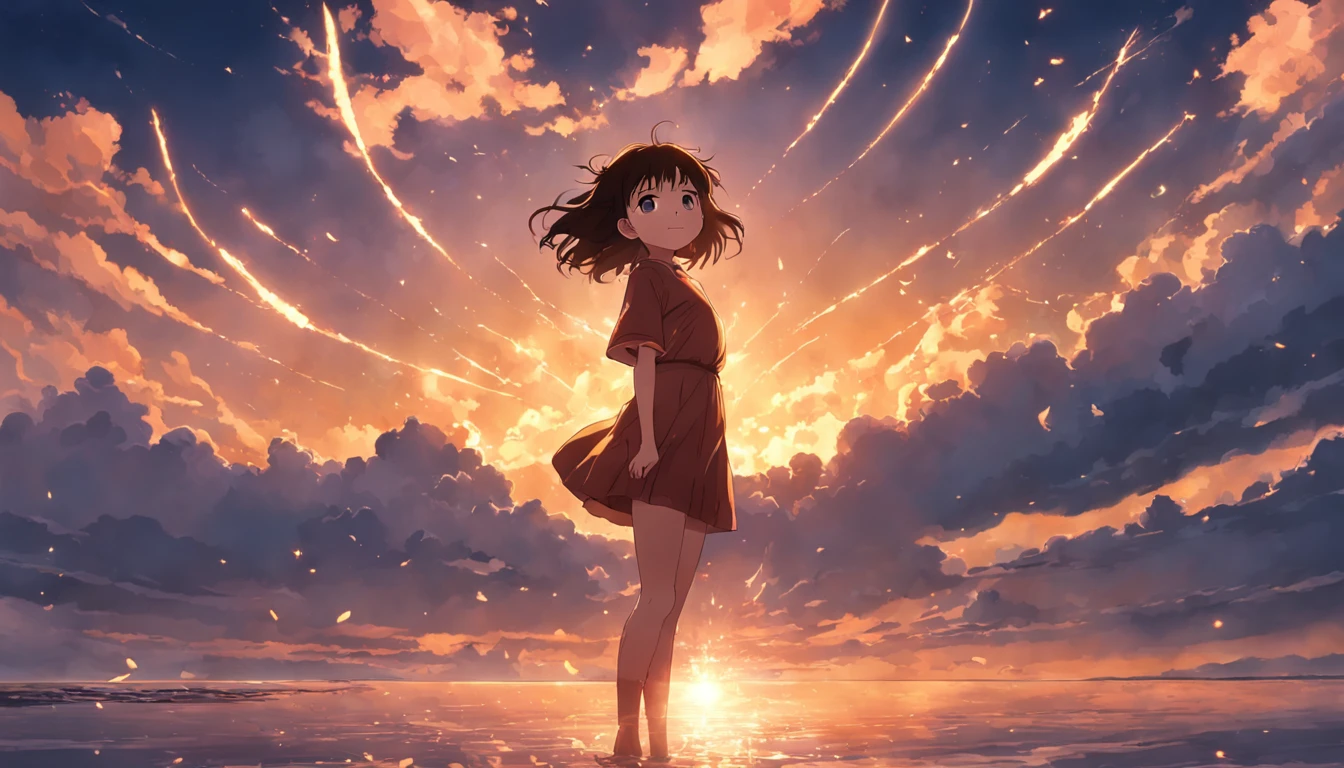 obra-prima, melhor qualidade, filme ainda, 1girl, garota nuvem, floating into the sky, standing full-body, brilhante, feliz, Soft lighting and Warm, sun sunset, (Sparks: 0,7)