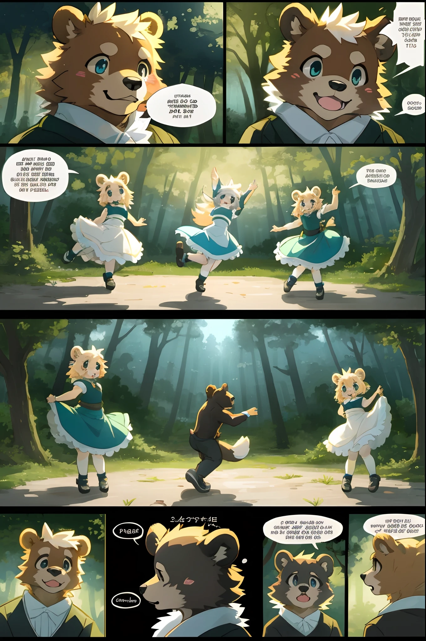 top quality, best quality, highres, masterpiece, super high resolution, detailed background, forest(super cute 1girl, bear, pair)singing, dancing, waltz, absurdres(highly detailed beautiful face and eyes)perfect anatomy, good lighting, cinematic shadow(kemono, furry anthro)assorted expressions, assorted poses, assorted angles, full body, upper shot, dynamic angle(girls comic-like panel layouts, speech balloon, English text, Hand-drawn sound effects stickers used in girls comic),