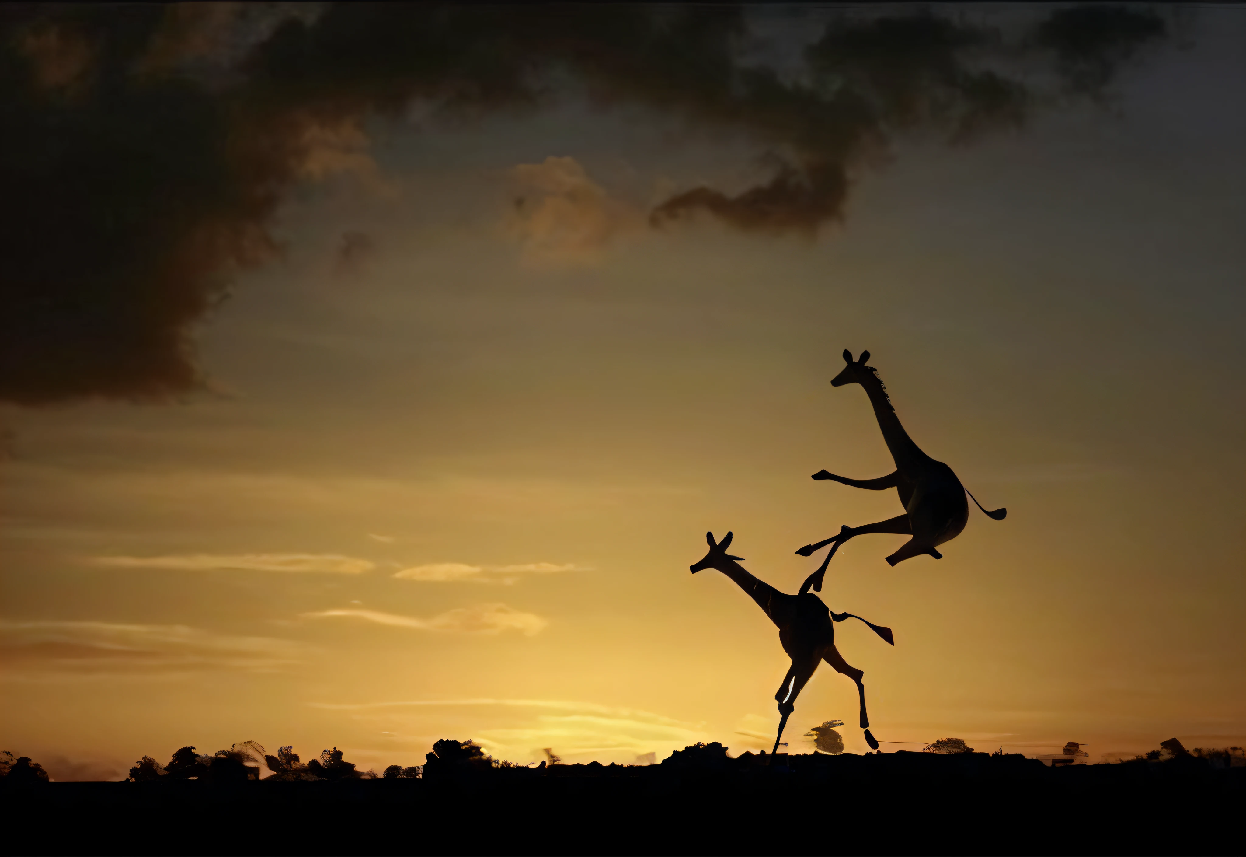 There are two giraffes jumping in the air, impressive winning photo, amazing photo, acrobatic, horizontally leaping!!!, absolutely outstanding image, Awesome, an amazing photo, At sunset, an award winning photograph, Leaping, amazing shot, Beautiful photo, Amazing composition, beautiful image ever created, amazing depth, Beautiful image, very beautiful photograph of