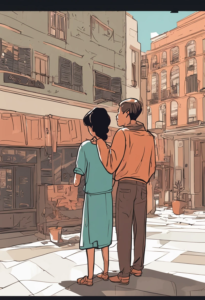 (side view Illustration of a couple:1.2, girl standing in front of a boy:1.2, looking at boy who is sitting on a chair:1.1, view from the side, she is standing in front of him touching his face, cupping it) simple apartment background,