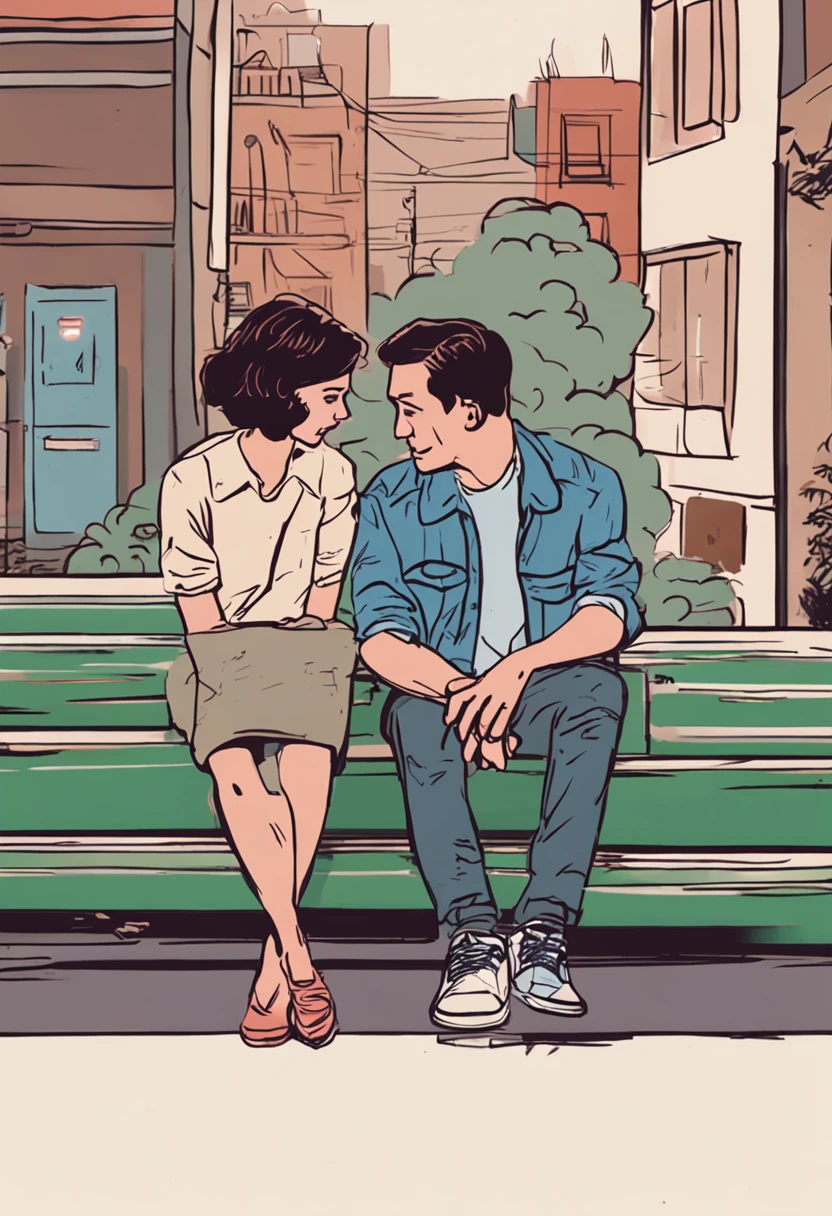 (side view Illustration of a couple:1.2, girl standing in front of a boy:1.2, looking at boy who is sitting on a chair:1.1, view from the side, she is standing in front of him touching his face, cupping it) simple apartment background,