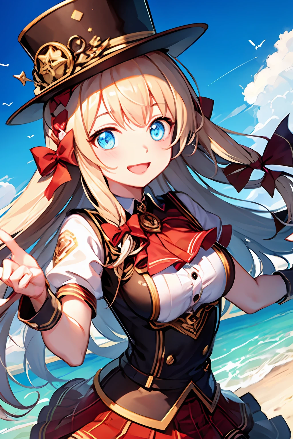 Masterpiece, best quality, yukka uniform, Yukka Ende, blush, smile, upper body, face close up, portrait, open mouth, red dirndle, red silk hat, outside, sky, day, ocean, perfect lighting, dynamic angle, red small hair bows, blue eyes, 1girl, solo, red skirt, dynamic pose