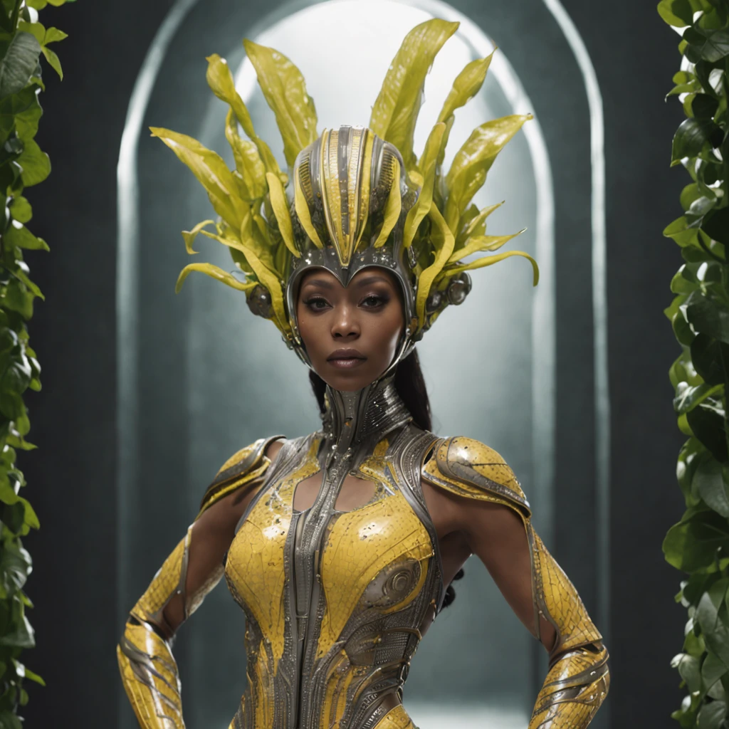 (professional 3d render:1.3) af (Realistic:1.3) most beautiful artwork photo in the world，african woman wearing a mask and yellow ridged and contoured organic costume with glass dome visor, organic surrounding flowers and plants, movie still of the alien girl in glamor pose holding exquisite engraved weapon, alien woman, as a futuristic heroine, vespertine, futuristic clothing and glass, movie still, fashionable futuristic woman, iris van herpen rankin, female alien, alien girl, of a futuristic woman selk'nam. avante garde design stylings inspired by curves(Intricate:1.4), decadent, (Highly detailed:1.4), Digital painting, rendering by octane, art stations, concept-art, smooth, Sharp focus, illustration, Art germ, (loish:0.23), wlop ilya kuvshinov, and greg rutkowski and alphonse mucha gracias, (Global illumination, Studio light, volumettic light), heavy rain, particles floating, lotr, fantasy, elf, full body, ((Dark and ancient city background:1.3)),CGSesociety,art stations