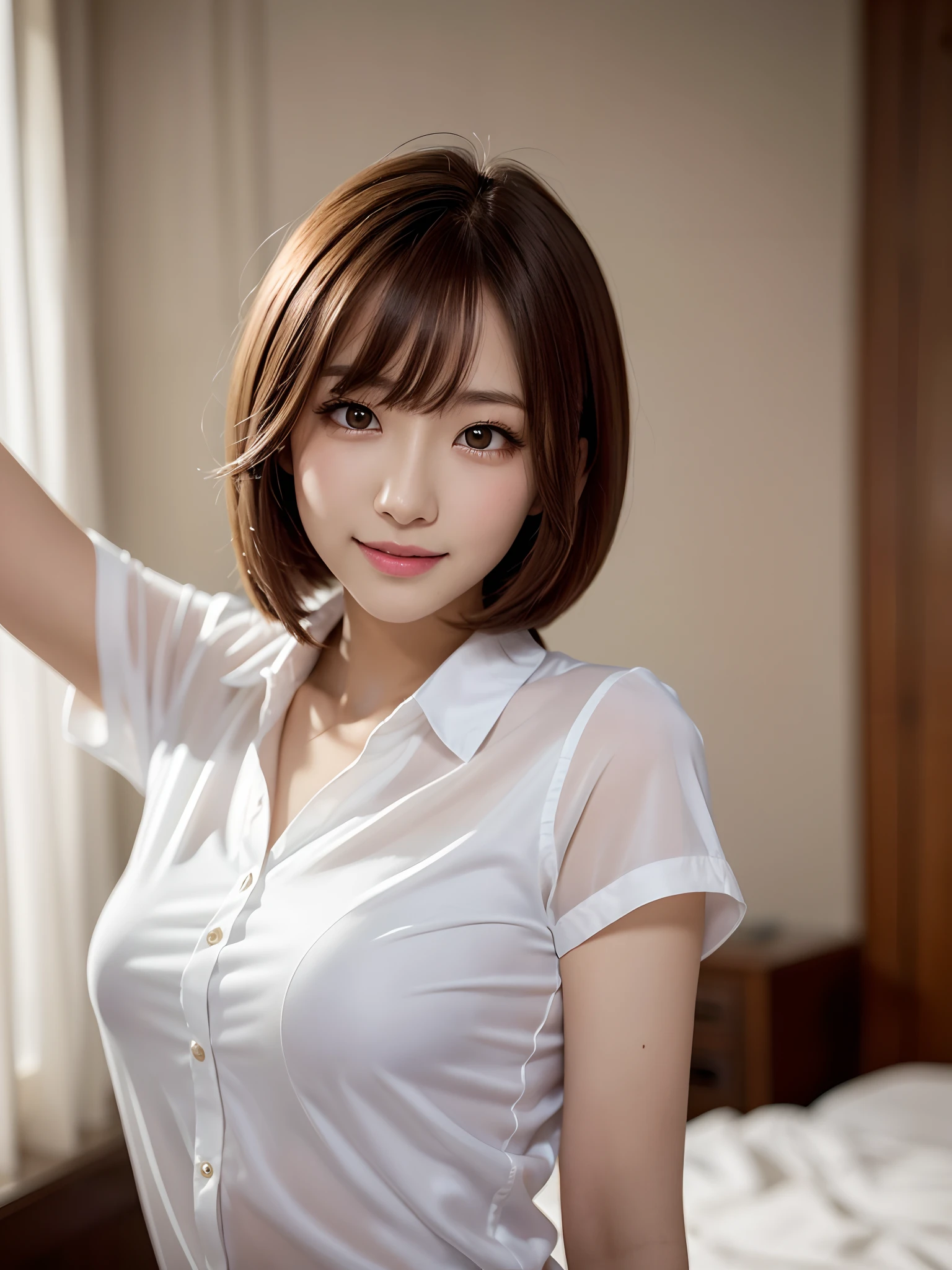 product quality, a upper body shot, front view, 1girl, a Japanese young pretty woman, long bob hair, hyper pretty face, glamorous, wearing a short sleeves and long length satin silk white shirt with collared, with a big smile in her room, glossy lips, double eyelids for both eyes, natural makeup, long eyelashes, shiny smooth light brown hair of bob hair, asymmetrical bangs, tanned skin, central image, high resolution, high detail, detailed hairstyle, detailed face, spectacular movie lighting, octane rendering, hyper realistic, perfect limbs, perfect anatomy