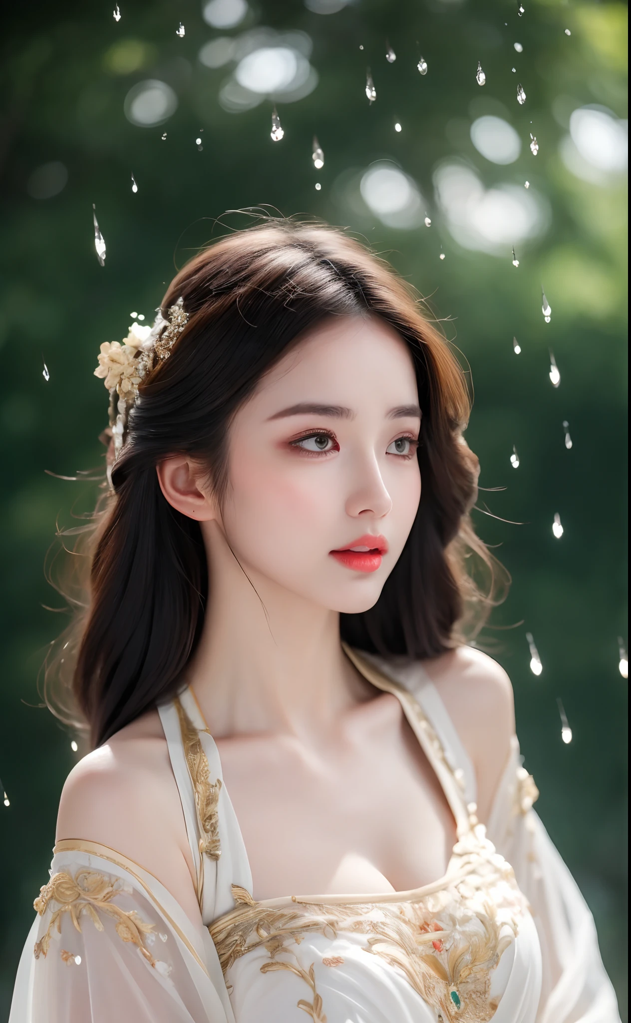 ((Best Quality, 8k, Masterpiece: 1.3)), Focus: 1.2, Perfect Body Beauty: 1.4, Buttocks: 1.2, ((Layered Haircut)), (Wet Clothes: 1.1), (Rain, Street:1.3), (Breasts: 1.2), (Hanfu: 1.2), Bare Shoulders, Bare Legs, Highly Detailed Face and Skin Texture, Fine Eyes, Double Eyelids, Whitened Skin, Long Hair, (Shut Up: 1.5), (Bokeh Background: 1.5), Big Breasts
