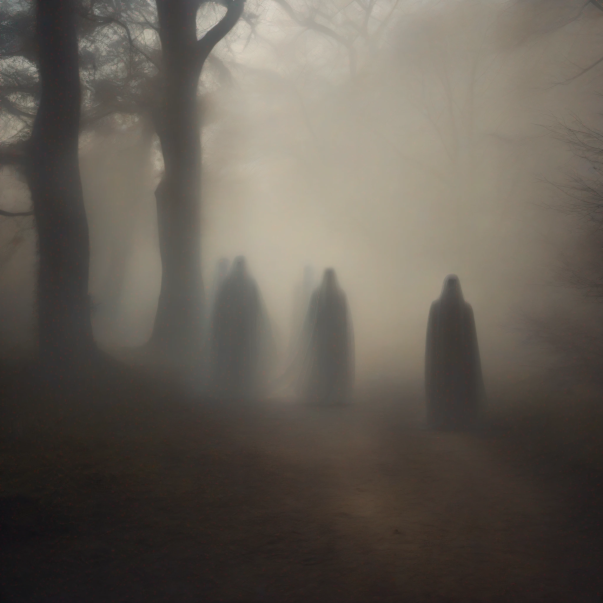 blurred ghosts, specters, transparent, dark ambient, dusty, mysterious scene, photo realistic, dramatic light, foggy