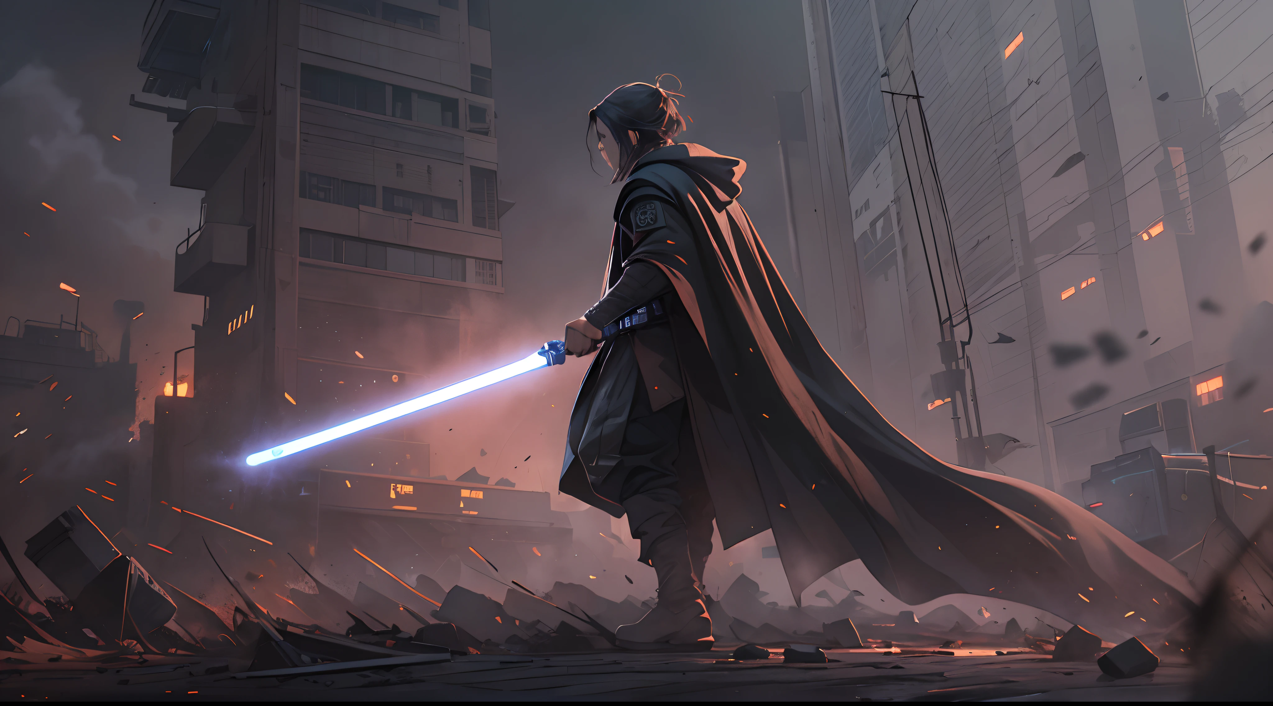 Standing body, Jedi, (illustration style), Battle debris on the ground, dark smoke, wallpaper, intricate background, amazing background, action scene, (like an action movie cover)