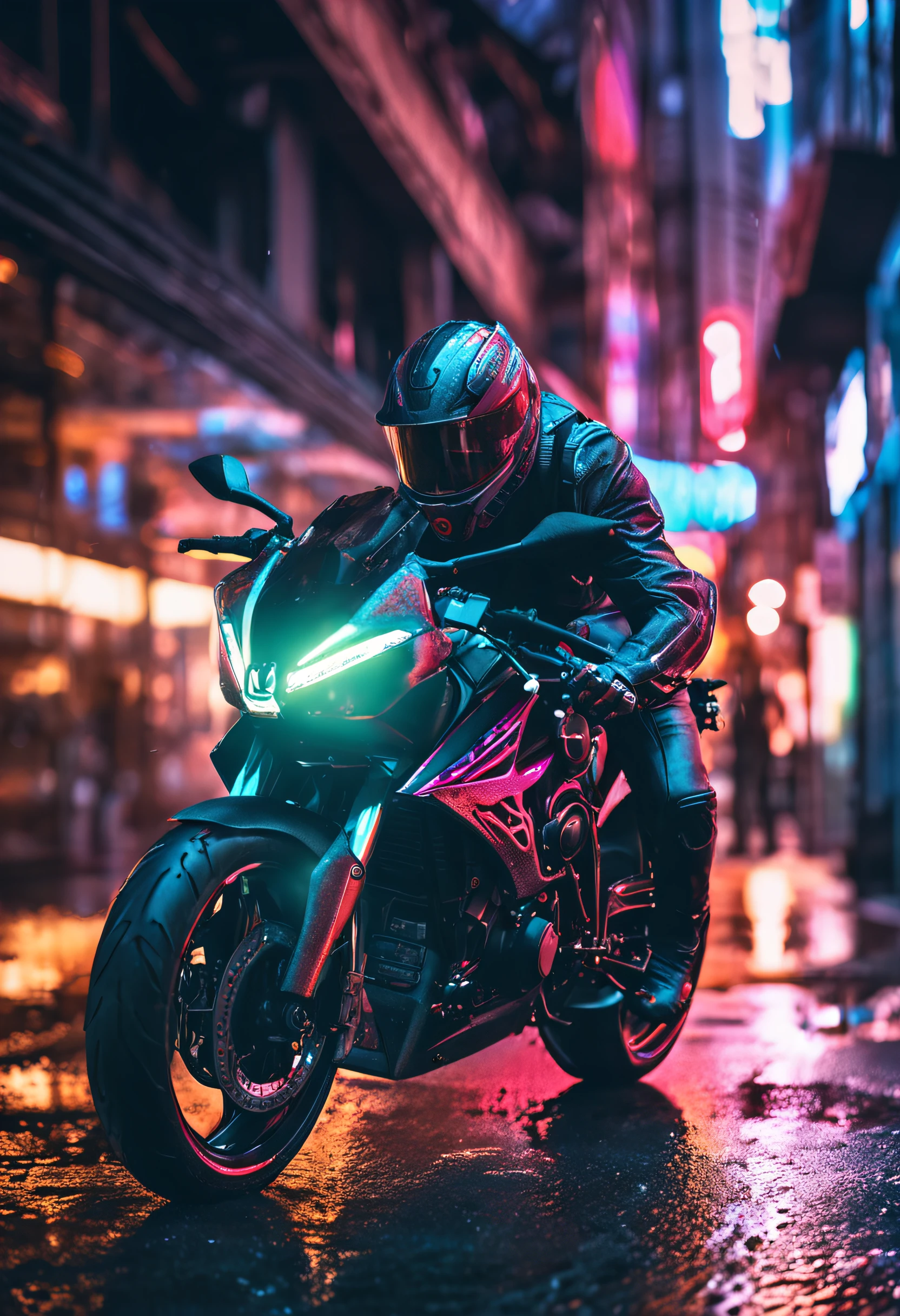 Photorealistic artwork, futuristic motorcycle, sleek design, cutting-edge technology, dynamic angles, rider in high-tech armor, intense gaze, leaning into a turn, urban cityscape background, neon-lit streets, rain-soaked pavement, reflections on wet surface, dramatic lighting, city's pulse captured, cinematic feel, 85mm lens, Sony A7III, shallow depth of field, vibrant color grading, post-apocalyptic vibe, adrenaline-fueled energy.