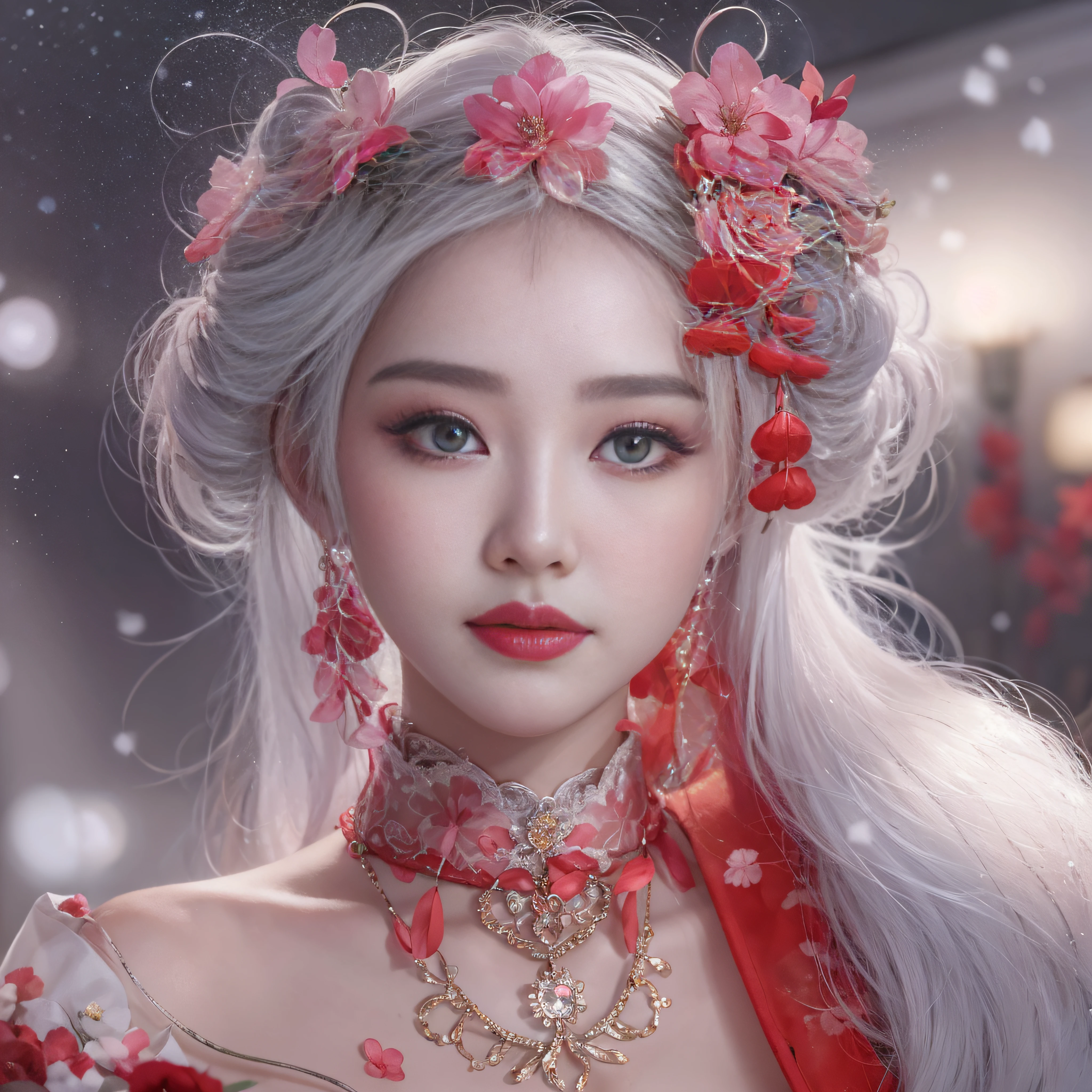 Good quality, tmasterpiece, A high resolution, 1girll,Chinese wedding dress,White hair shiny hair accessories,choker necklace,jewely,beauitful face,after sexing_Body,Tyndall effect,realisticlying,Red holiday room edge lighting,twotonelighting,(highdetailskin:1.2),8K high-definition,gentle illumination,high high quality,Volumetriclighting,Frankness,photore,A high resolution,Bokeh