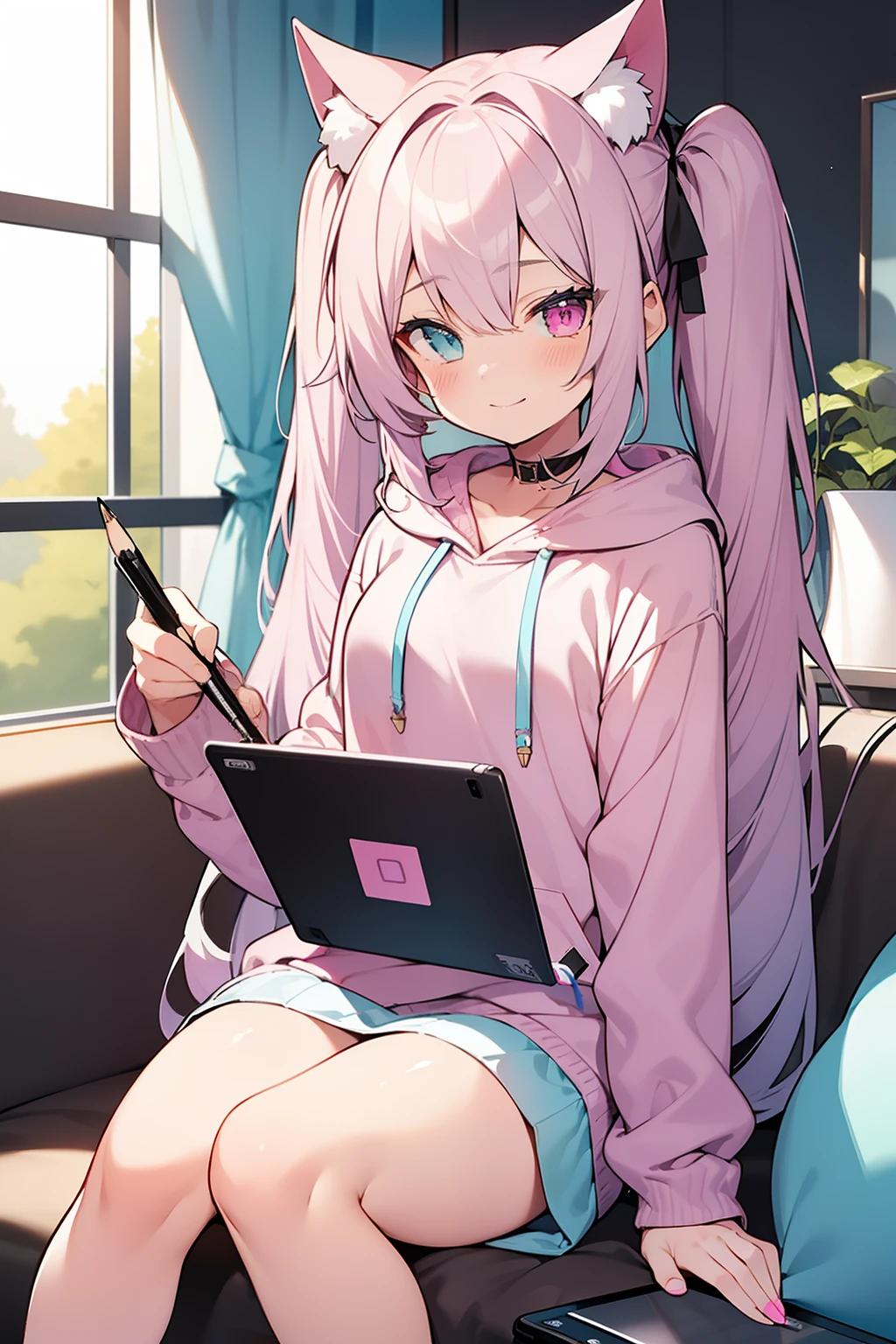 masterpiece, best quality, 1girl, solo, light purple hair, long hair, twintails, Heterochromia, ((pink right eye)), ((light blue left eye)), a cat ears, ((Holding a tablet pencil)), ((drawing a picture on the tablet)), sitting on the sofa, sitting with one's knees curled up, cute big hoodie, light blue hoodie, a knee-length hoodie, white socks, in the room, smiling, cute