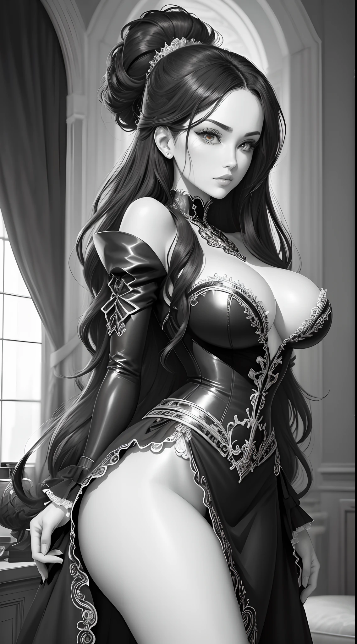 Black and white line art coloring page of a beautiful woman in the style of anime realism, wavy hair and perfect slim fit body, masterpiece digital art with gothic animecore influence, berry, vibrant, living room, highly detailed gothic style background, eye-catching composition, artgerm, milo manara, sharp focus, portrait