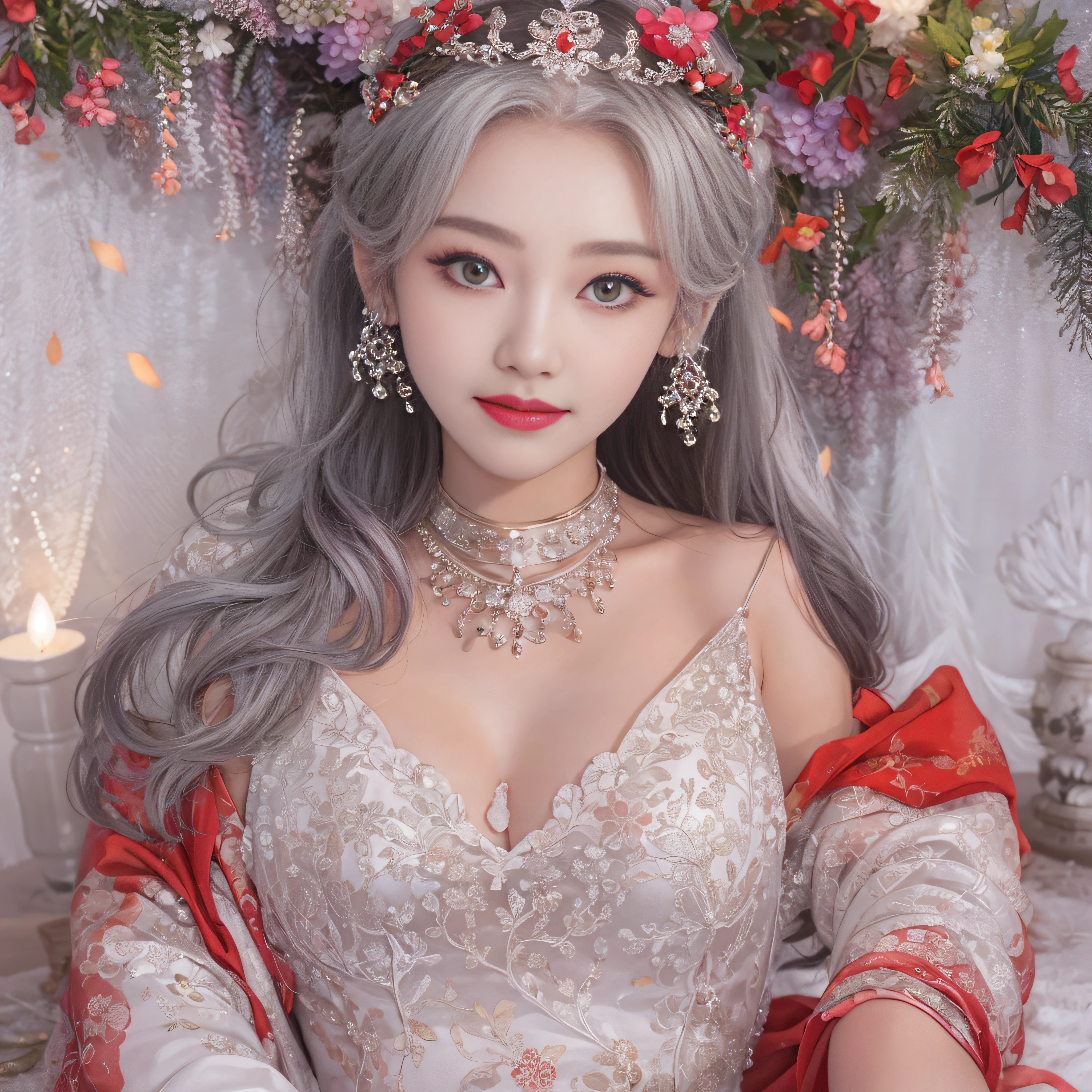 Good quality， tmasterpiece， A high resolution， 1girll，Chinese wedding dress，White hair shiny hair accessories，choker necklace，jewely，beauitful face，after sexing_Body，Tyndall effect，realisticlying，Red holiday room edge lighting，twotonelighting，（highdetailskin：1.2），8K high-definition，gentle illumination，high high quality，Volumetriclighting，Frankness，photore，A high resolution，Bokeh