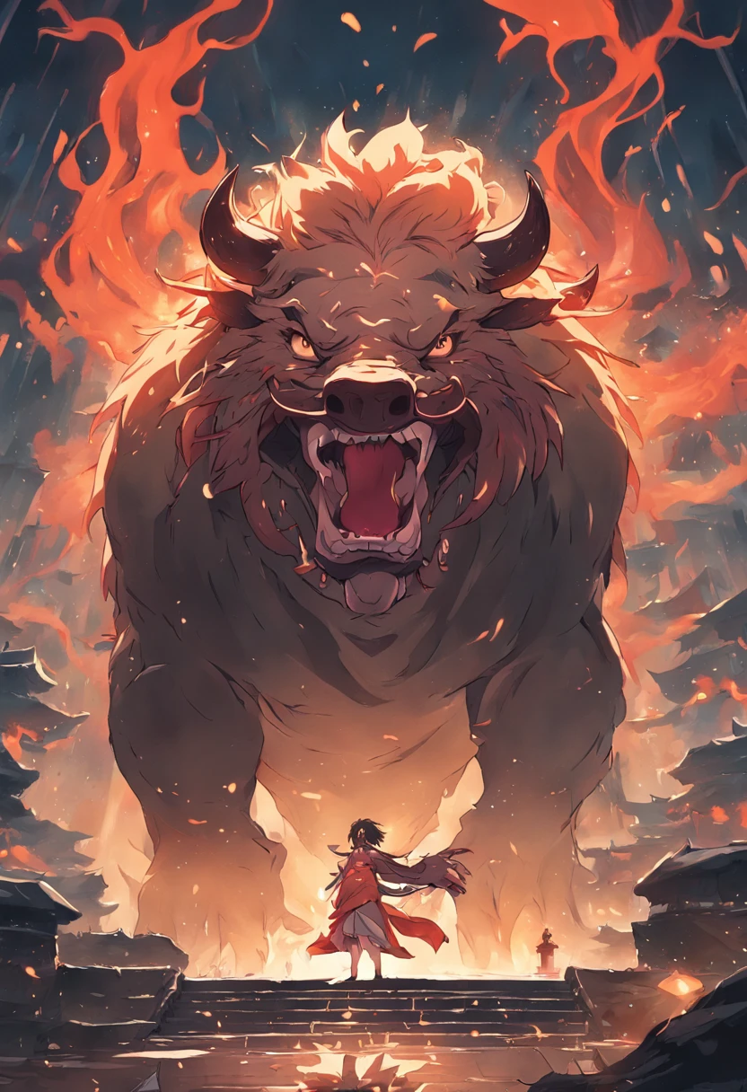 Chinese mythology，Higher than mountains,A huge wild boar，Dark style，huge tusks，Huge body contrast