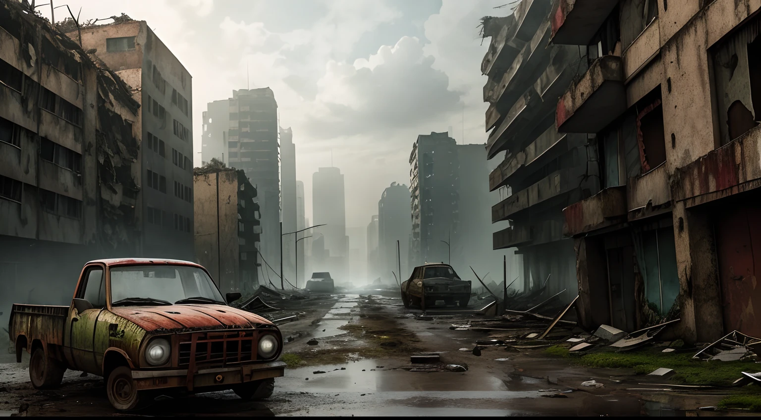 An old modified rusty truck stopped in front of a building with barbed wire, Post apocalyptic scenario, Apocalyptic atmosphere, The end of the world, Rusty, Doomsday landscape, post apocalyptic background, Abandoned vehicles, Post-apocalyptic street, 3D rendering art, Doomsday setting 8K Ultra HD detailed blast wall, cement wall, barbed wire, Abandoned high-rise buildings, Set against the backdrop of a collapsed city, weeds, moss, Light rain, Heavy fog, Heavy fog，Mossy，Ruins of severely damaged high-rise buildings，barricade --auto