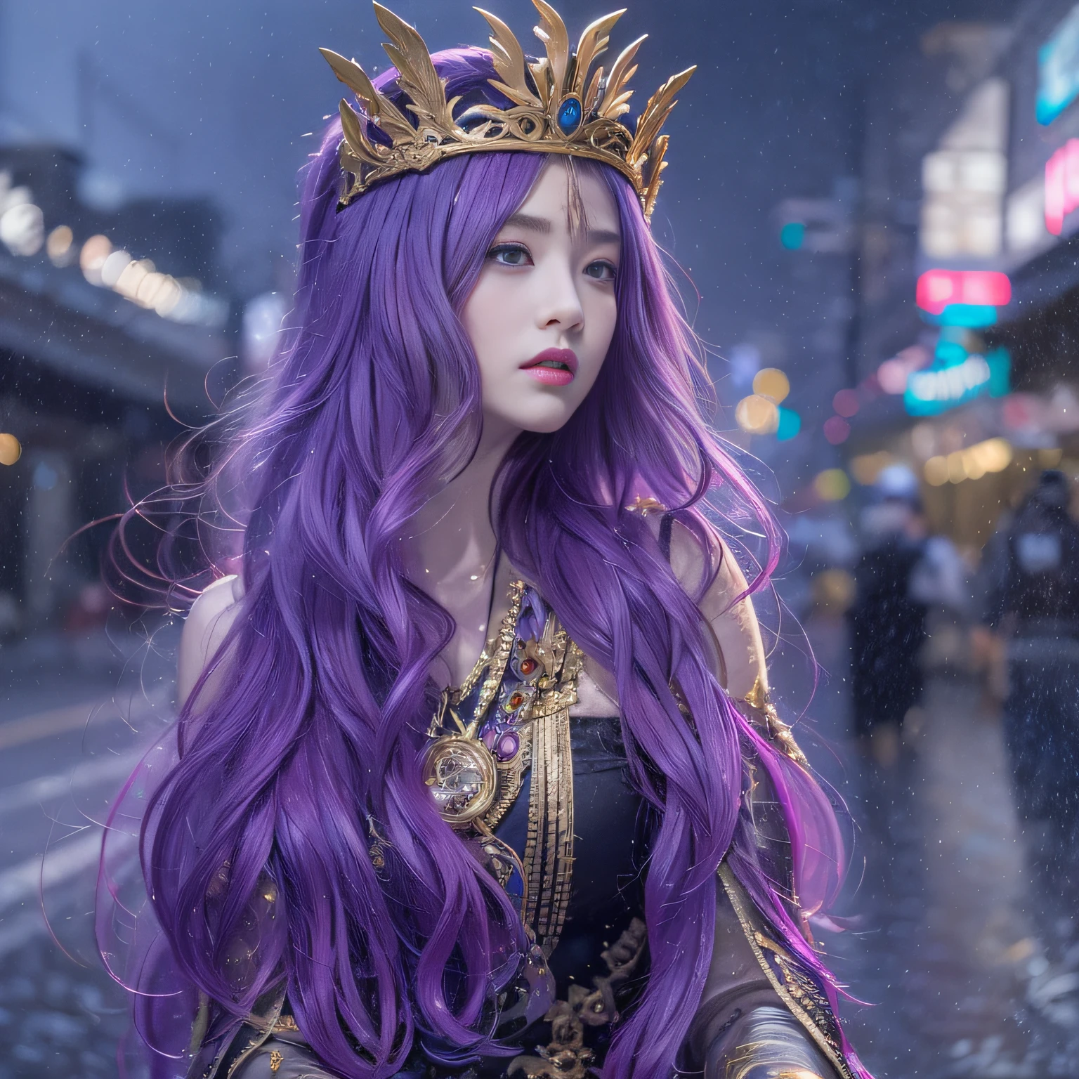 32K（tmasterpiece，k hd，hyper HD，32K）Long flowing bright purple hair，Backstreets，zydink， a color，  Xuzhou people （Silly girl）， （Silk scarf）， Combat posture， looking at the ground， long whitr hair， Floating bright purple， Fire cloud pattern gold tiara， Chinese long-sleeved gold silk garment， （abstract ink splash：1.2）， smoky background，Lotus protector（realisticlying：1.4），Bright purple hair，Fog on the road，smoke in the background， A high resolution， the detail， RAW photogr， Sharp Re， Nikon D850 Film Stock Photo by Jefferies Lee 4 Kodak Portra 400 Camera F1.6 shots, Rich colors, ultra-realistic vivid textures, Dramatic lighting, Unreal Engine Art Station Trend, cinestir 800，Long flowing bright purple hair，see-through transparent clothes