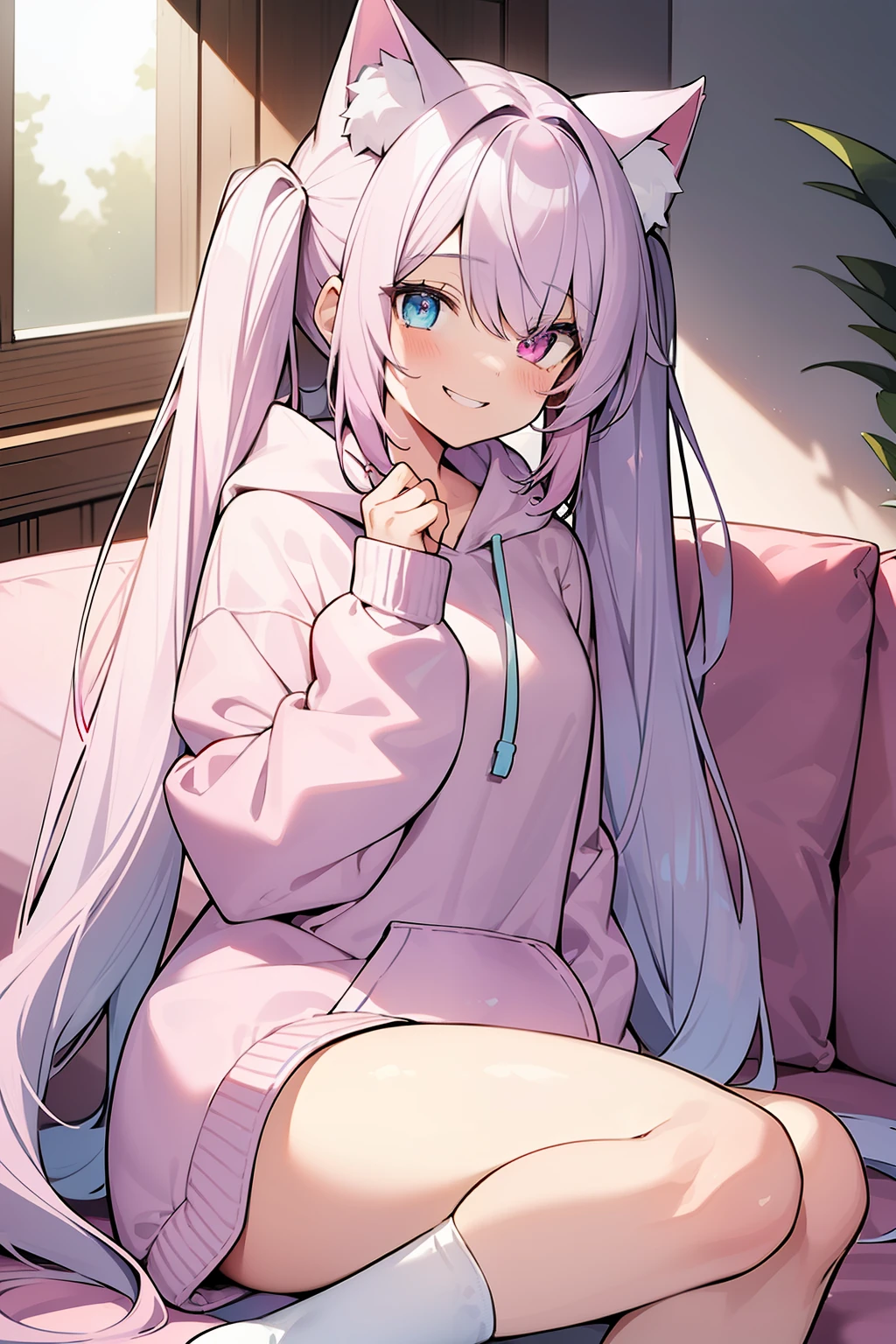 masterpiece, best quality, 1girl, solo, light purple hair, long hair, twintails, Heterochromia, ((pink right eye)), ((light blue left eye)), a cat ears, ((Lying on the sofa)), cute big hoodie, light blue hoodie, a knee-length hoodie, white socks, in the room, smiling, cute