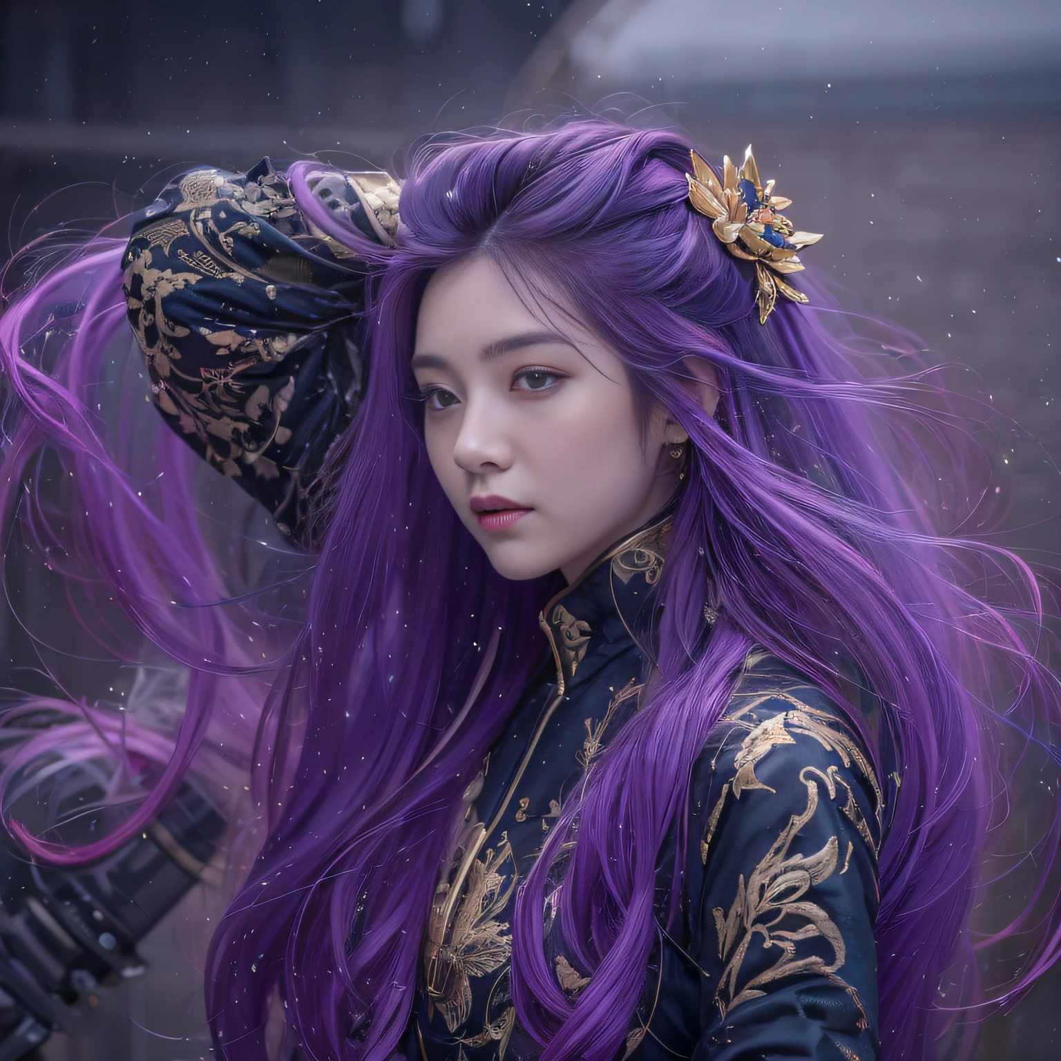 32K（tmasterpiece，k hd，hyper HD，32K）Long flowing bright purple hair，Backstreets，zydink， a color，  Xuzhou people （Silly girl）， （Silk scarf）， Combat posture， looking at the ground， long whitr hair， Floating bright purple， Fire cloud pattern gold tiara， Chinese long-sleeved gold silk garment， （abstract ink splash：1.2）， smoky background，Lotus protector（realisticlying：1.4），Bright purple hair，Fog on the road，smoke in the background， A high resolution， the detail， RAW photogr， Sharp Re， Nikon D850 Film Stock Photo by Jefferies Lee 4 Kodak Portra 400 Camera F1.6 shots, Rich colors, ultra-realistic vivid textures, Dramatic lighting, Unreal Engine Art Station Trend, cinestir 800，Long flowing bright purple hair，see-through transparent clothes