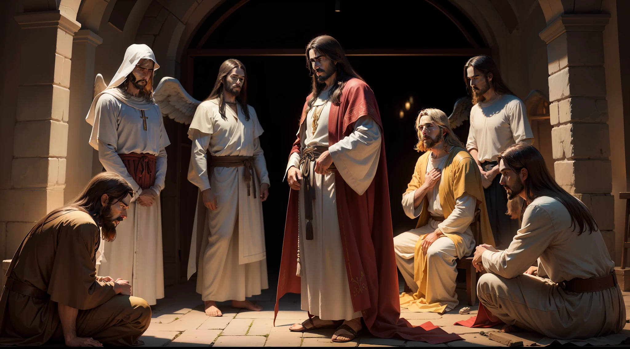 Create realistic images of Jesus Christ the Man in the night with his apostles and angels
