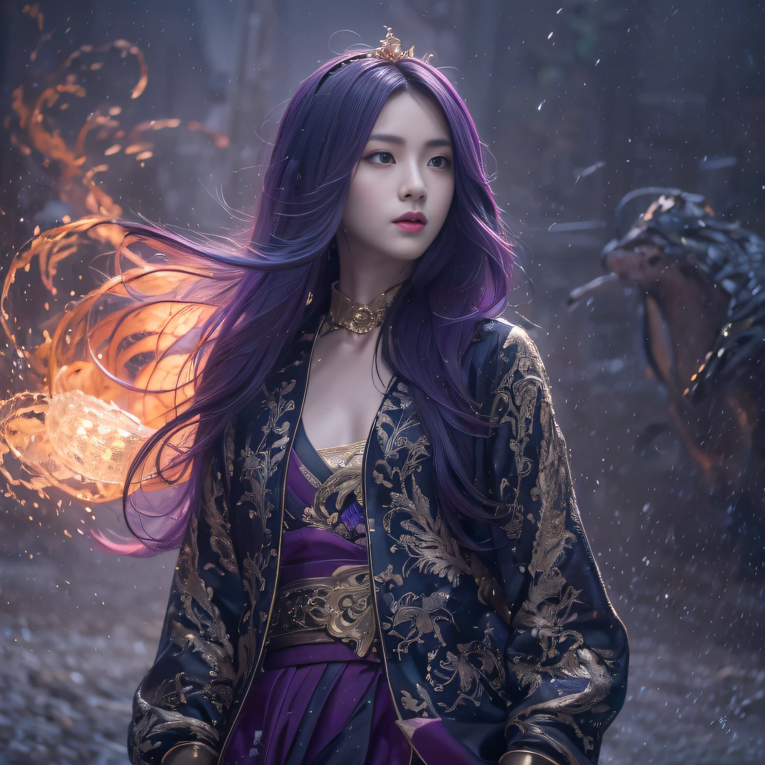 32K(tmasterpiece,k hd,hyper HD,32K)Long flowing bright purple hair,Backstreets,zydink, a color, Xuzhou people (Silly girl), (Silk scarf), Combat posture, looking at the ground, long whitr hair, Floating bright purple, Fire cloud pattern gold tiara, Chinese long-sleeved gold silk garment, (abstract ink splash:1.2), smoky background,Lotus protector(realisticlying:1.4),Bright purple hair,Fog on the road,smoke in the background, A high resolution, the detail, RAW photogr, Sharp Re, Nikon D850 Film Stock Photo by Jefferies Lee 4 Kodak Portra 400 Camera F1.6 shots, Rich colors, ultra-realistic vivid textures, Dramatic lighting, Unreal Engine Art Station Trend, cinestir 800,Long flowing bright purple hair,see-through transparent clothes
