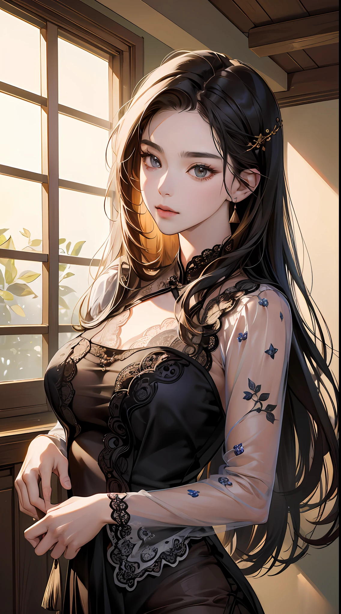 Best Quality, (RAW Photos: 1.2), (Masterpieces: 1.4), (Realistic: 1.4), (High Resolution: 1.4), Chinese actress Gulinazha, depth of field, intricate details, 8k, very detailed, perfect lighting, epic background, big bust 1.3, lace pajamas 1.3, lace pajamas 1.3 --auto
