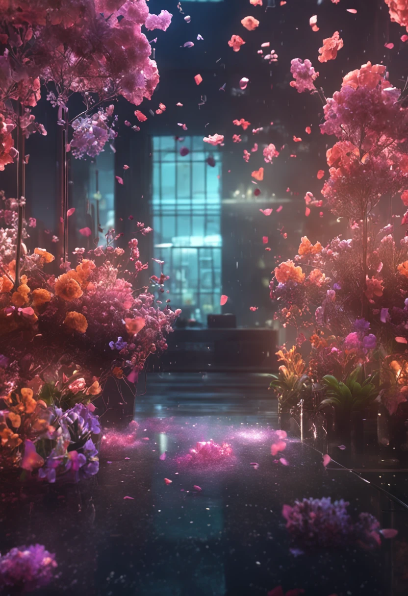 Particles behind glass Many flowers, virtual and solid blur, point clouds, particles, plan, 32k