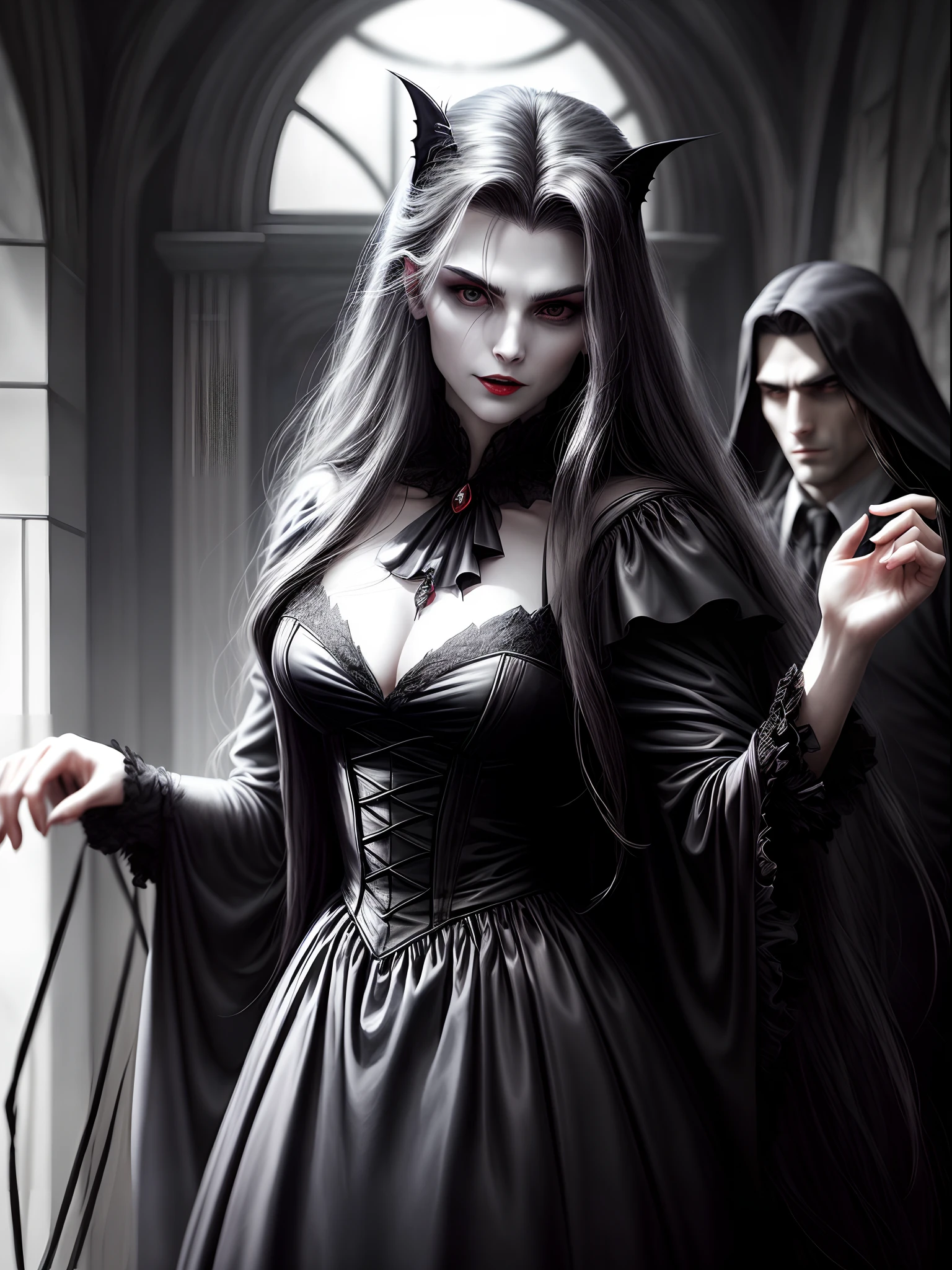 Create an image of a handsome vampire who has just emerged from their slumber. The vampire should be depicted as a creature of elegance and power, with long, flowing hair and sharp, angular features. Their skin should be pale and flawless, with a subtle hint of otherworldliness. The vampire's eyes should be deep and alluring, with a predatory gleam that hints at their insatiable thirst for blood. They should be dressed in attire that is both modern and timeless, with a style that suggests a long history of living among humans. As they emerge from their slumber, the vampire should be shown with a sense of calm confidence, exuding an aura of danger and intrigue. The background should be shrouded in shadow, with just a hint of moonlight filtering through the darkness. In the vampire's hand, there should be a small vial of blood, freshly drawn from their latest victim. The vampire should appear both satisfied and slightly unnerved by their own hunger, as though they are aware of the danger they pose to those around them.