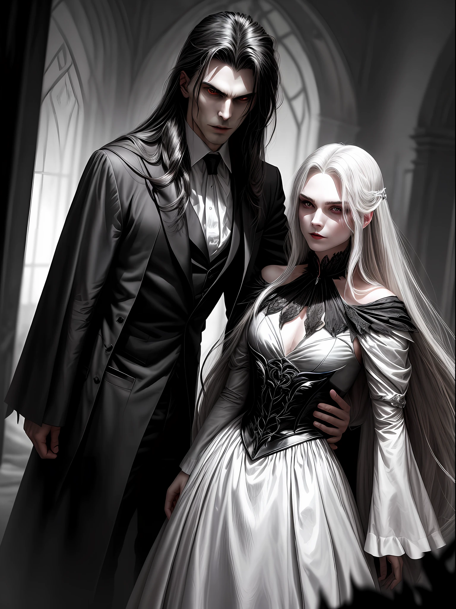 Create an image of a handsome vampire who has just emerged from their slumber. The vampire should be depicted as a creature of elegance and power, with long, flowing hair and sharp, angular features. Their skin should be pale and flawless, with a subtle hint of otherworldliness. The vampire's eyes should be deep and alluring, with a predatory gleam that hints at their insatiable thirst for blood. They should be dressed in attire that is both modern and timeless, with a style that suggests a long history of living among humans. As they emerge from their slumber, the vampire should be shown with a sense of calm confidence, exuding an aura of danger and intrigue. The background should be shrouded in shadow, with just a hint of moonlight filtering through the darkness. In the vampire's hand, there should be a small vial of blood, freshly drawn from their latest victim. The vampire should appear both satisfied and slightly unnerved by their own hunger, as though they are aware of the danger they pose to those around them.
