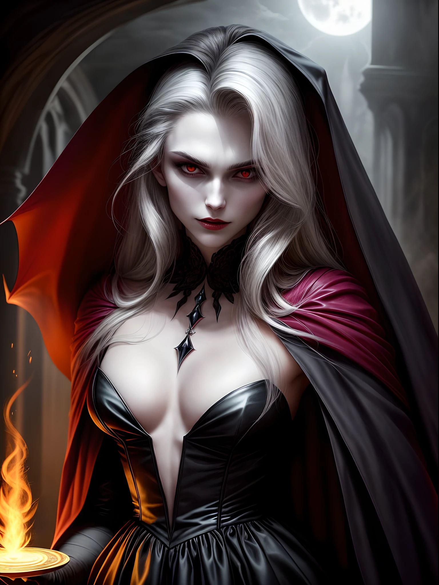 Create an image of a handsome vampire who has just emerged from their slumber. The vampire should be depicted as a creature of elegance and power, with long, flowing hair and sharp, angular features. Their skin should be pale and flawless, with a subtle hint of otherworldliness. The vampire's eyes should be deep and alluring, with a predatory gleam that hints at their insatiable thirst for blood. They should be dressed in attire that is both modern and timeless, with a style that suggests a long history of living among humans. As they emerge from their slumber, the vampire should be shown with a sense of calm confidence, exuding an aura of danger and intrigue. The background should be shrouded in shadow, with just a hint of moonlight filtering through the darkness. In the vampire's hand, there should be a small vial of blood, freshly drawn from their latest victim. The vampire should appear both satisfied and slightly unnerved by their own hunger, as though they are aware of the danger they pose to those around them.