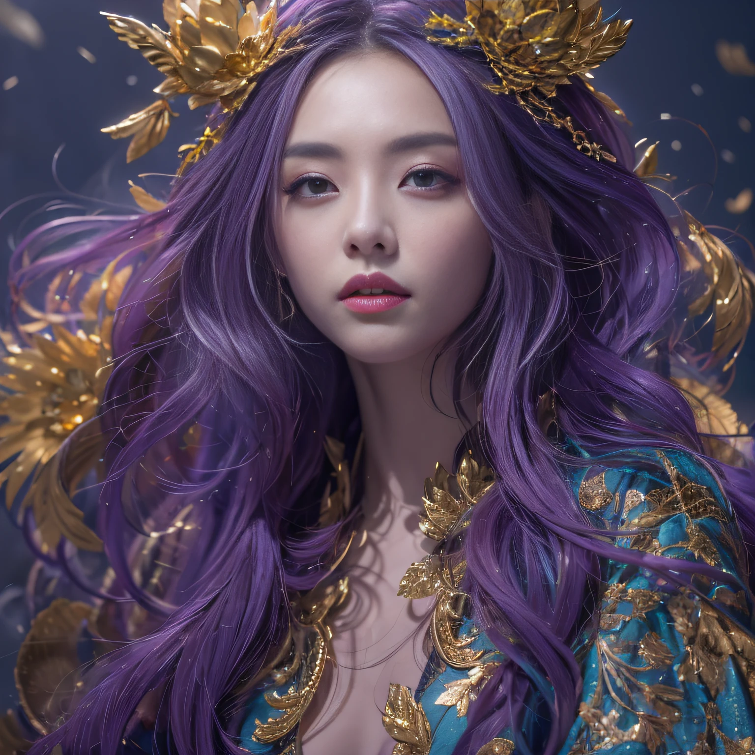 32K（tmasterpiece，k hd，hyper HD，32K）Long flowing bright purple hair，Urban ruins，zydink， a color，  Xuzhou people （Silly girl）， （Silk scarf）， Combat posture， looking at the ground， long whitr hair， Floating bright purple， Fire cloud pattern gold tiara， Chinese long-sleeved gold silk garment， （abstract ink splash：1.2）， smoky background，Lotus protector（realisticlying：1.4），Bright purple hair，Fog on the road，smoke in the background， A high resolution， the detail， RAW photogr， Sharp Re， Nikon D850 Film Stock Photo by Jefferies Lee 4 Kodak Portra 400 Camera F1.6 shots, Rich colors, ultra-realistic vivid textures, Dramatic lighting, Unreal Engine Art Station Trend, cinestir 800，Long flowing bright purple hair，see-through transparent clothes