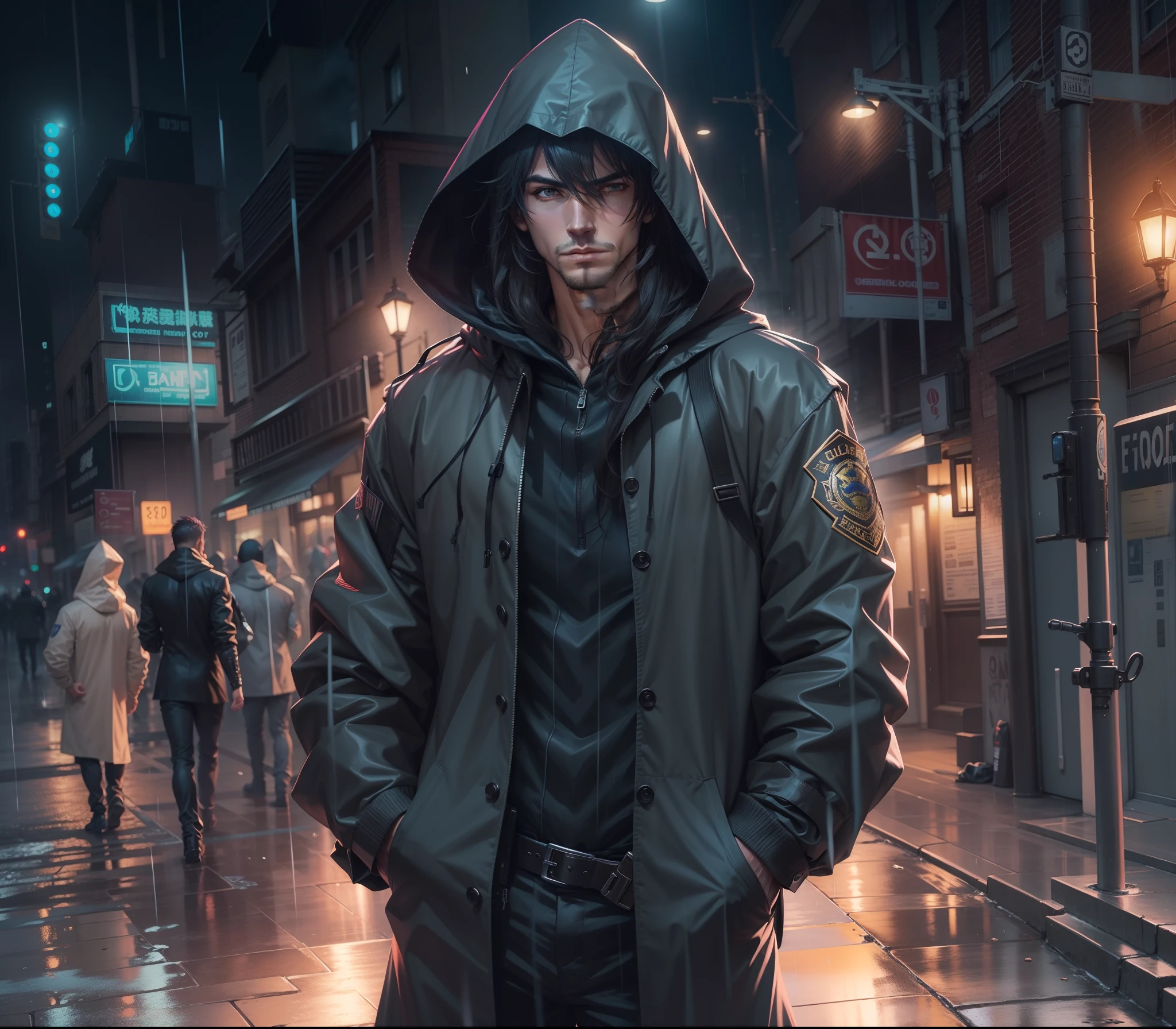 A handsome thief in a raincoat with a hood hides from law enforcement officers at night,  Focused, Hiding, 30 thousand., a handsome, the anime, Fantasy art