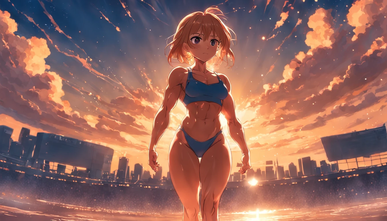 obra-prima, melhor qualidade, filme ainda, 1girl, garota nuvem, muscle girl,  floating into the sky, standing full-body, olhos azuis, brilhante, Feliz, Soft lighting and Warm, sun sunset, (Sparks: 0,7)