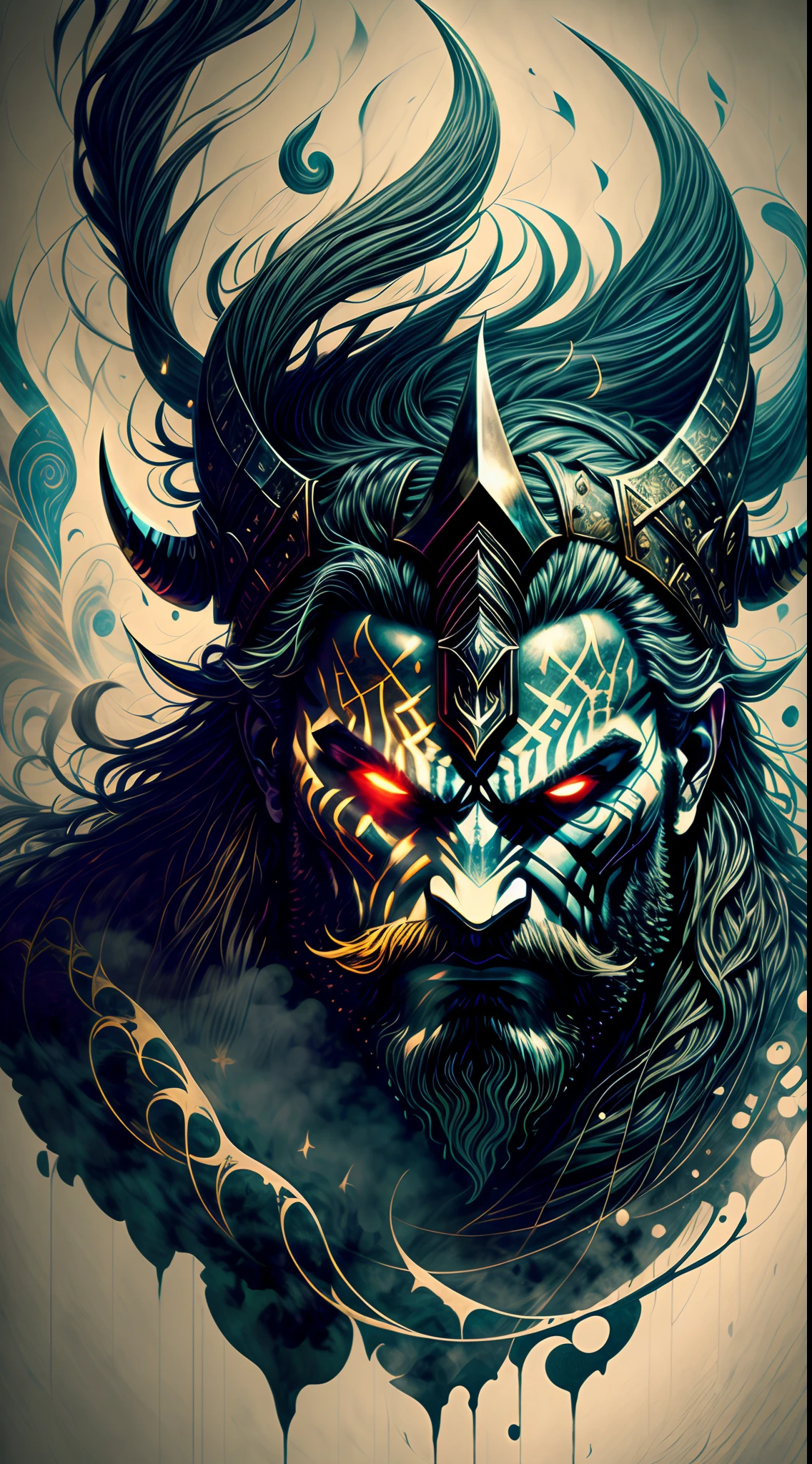 An intense close-up of a Viking warrior with piercing, glowing eyes, surrounded by an inky darkness. His horned helmet gives him an imposing silhouette, while his wild, flowing beard adds a touch of ruggedness. The warrior's face bears an expression of deep anger, a testament to his ferocity in battle. The backdrop is filled with swirling tendrils of inky blackness, reminiscent of ancient mythological forces. The atmosphere is tense, hinting at the mythical powers that surround the warrior. The image combines high detail and an artistic touch, creating a captivating visual experience. Artwork, ink on parchment