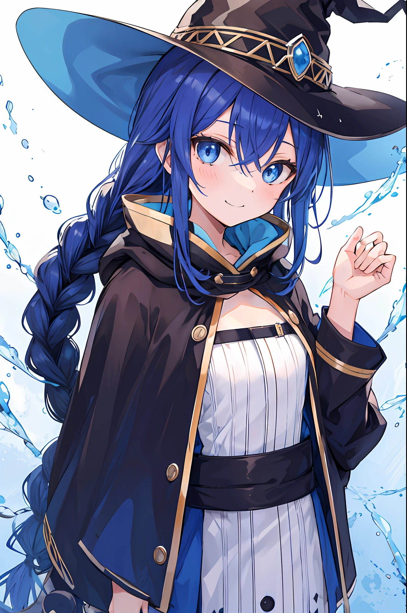 Roxy Migurdia, 1girl in, Bangs, black headwear, Witch Hat, Blue eyes, Blue hair, braid, brown cape, Floating hair, hair between eye, Looking at Viewer, ,beautiful finely detailed eyes,Wet clothes,slight smile,Upper body,Medium chest