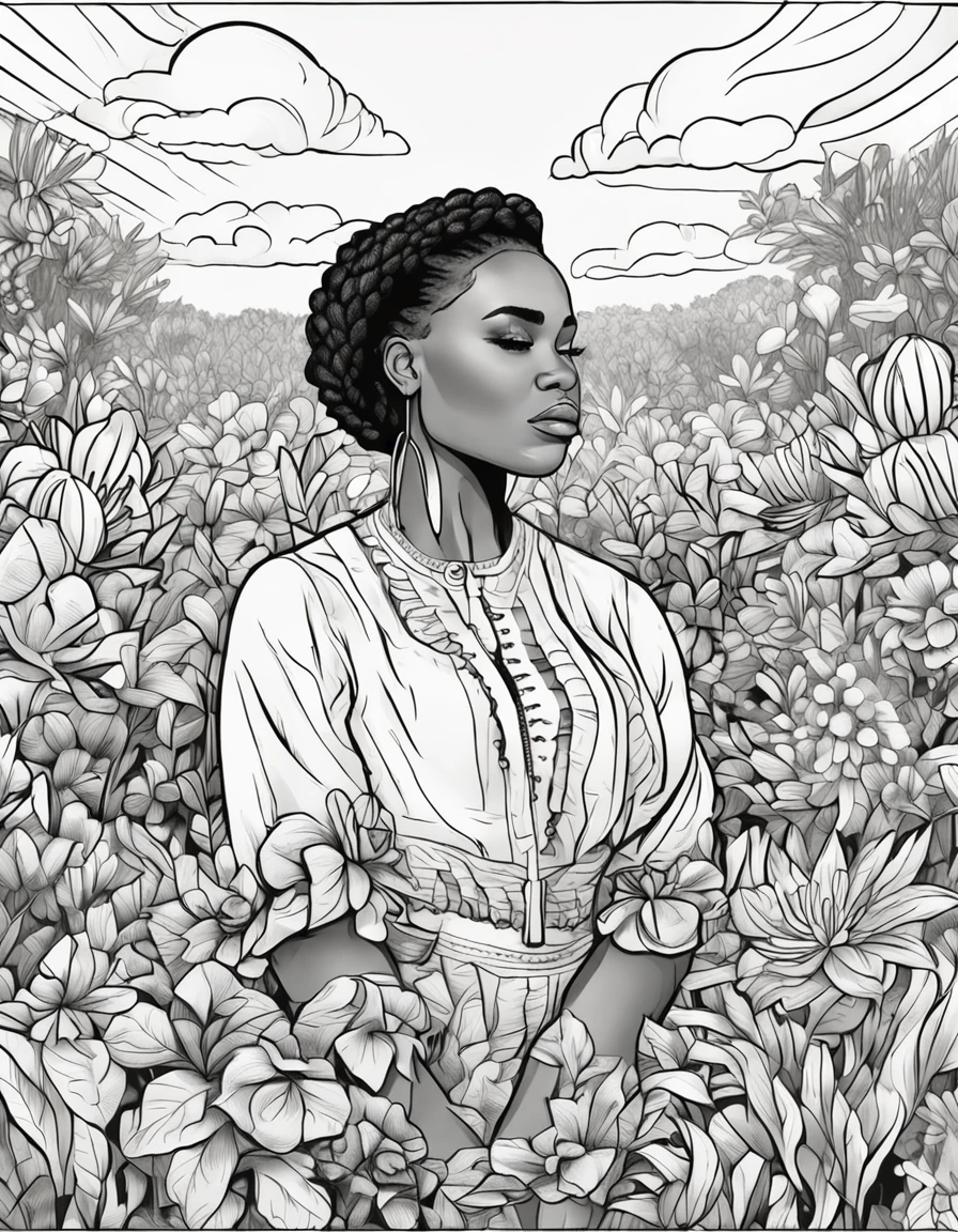 beautiful black woman, detailed cornrows hairstyle looking at camera, (field of flowers), ((closeup)), portrait, clouds, line art, coloring book, cartoon style, pure white background