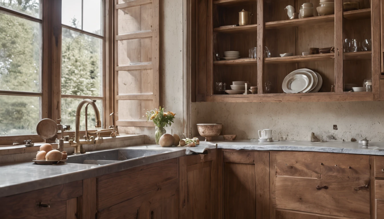 There is a Kitchen with a Sink and a Window, Polished Mansion Kitchen, Angled View of Antique Kitchen Backdrop, Still Photo, Antique Kitchen Backdrop, Rustic, by Leo Goetz, by Dietmar Damerau, by Sebastian Spreng, by Sigmund Freudenberger, by Petr Brandl, copper and brass, by Jan Tengnagel