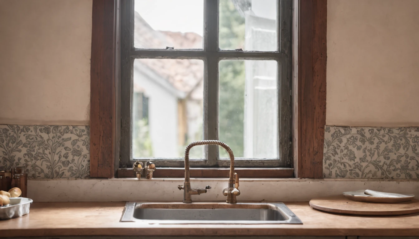 There is a Kitchen with a Sink and a Window, Polished Mansion Kitchen, Angled View of Antique Kitchen Backdrop, Still Photo, Antique Kitchen Backdrop, Rustic, by Leo Goetz, by Dietmar Damerau, by Sebastian Spreng, by Sigmund Freudenberger, by Petr Brandl, copper and brass, by Jan Tengnagel