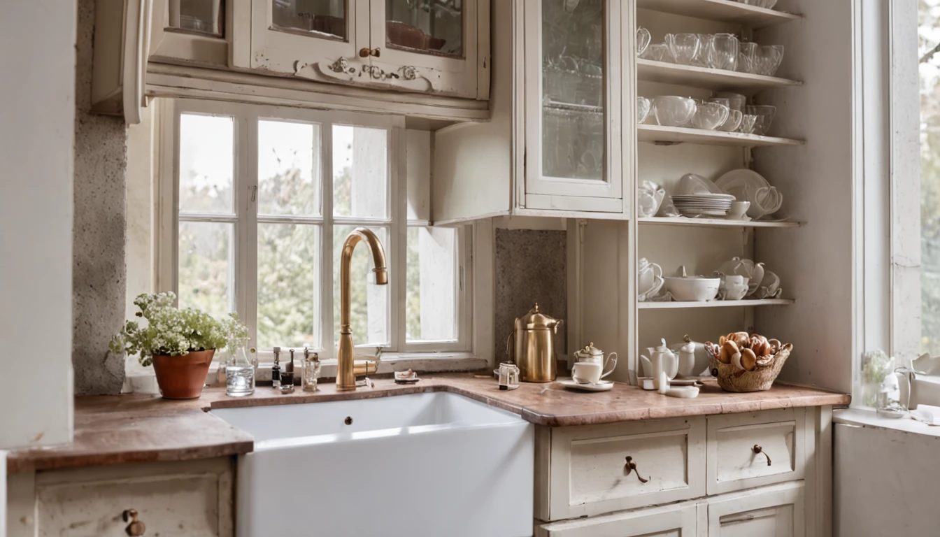 There is a Kitchen with a Sink and a Window, Polished Mansion Kitchen, Angled View of Antique Kitchen Backdrop, Still Photo, Antique Kitchen Backdrop, Rustic, by Leo Goetz, by Dietmar Damerau, by Sebastian Spreng, by Sigmund Freudenberger, by Petr Brandl, copper and brass, by Jan Tengnagel