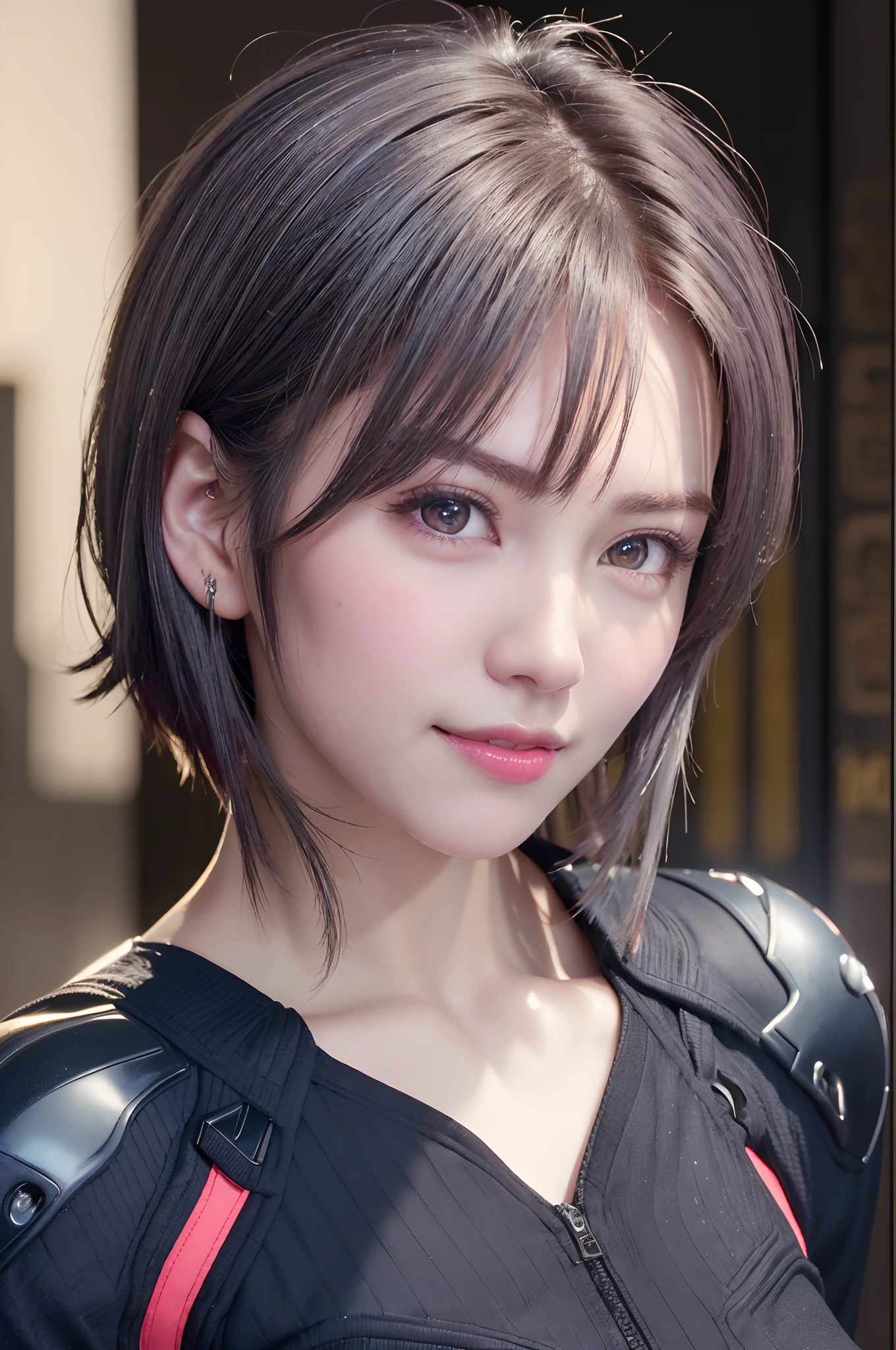(8k, photorealistic, RAW photo, top quality: 1.4), (1girl), super beautiful, (realistic face), (boyish, silver-colored berry short hair), beautiful cyberpunk suit, glares seducing viewer, beautiful expression, beautiful breasts, (realistic skin), beautiful smile, (soldier), attractive, ultra high resolution, ultra realistic, high definition, spoiled