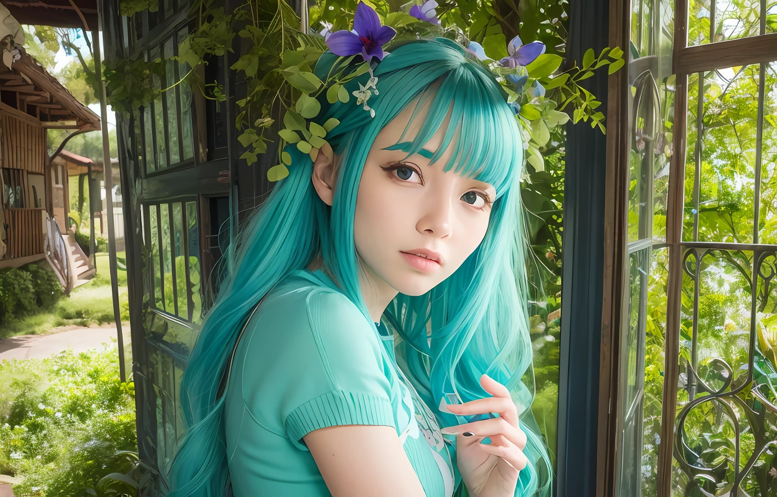 uma linda meia-elfa,corpo perfeito,corpo enteiro,cabelo ruivo,olho azulpuxado por azul marinho escuro,saido da floreta com folha voando ao redor dela,realistica,fotorrealista,vestido lordo cor verde floresta --auto --s2