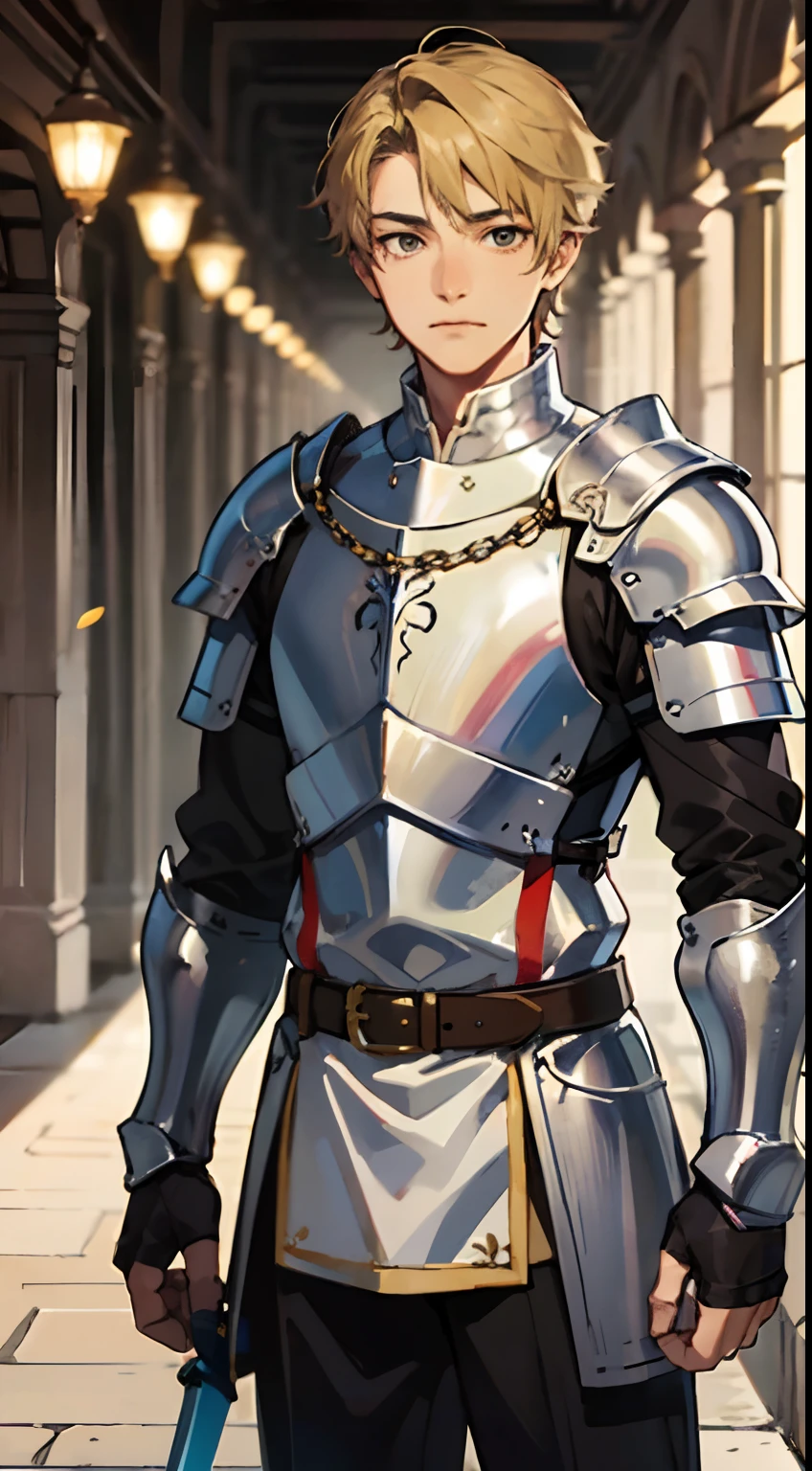 a 19-year-old boy, 1 boy as a swordsman, sword, brown short hair, brown short hair parted in the middle, man's short hair, without a beard, without a goatee, no facial hair, chainmail knight armor, palace hallway, uniform, link, blonde