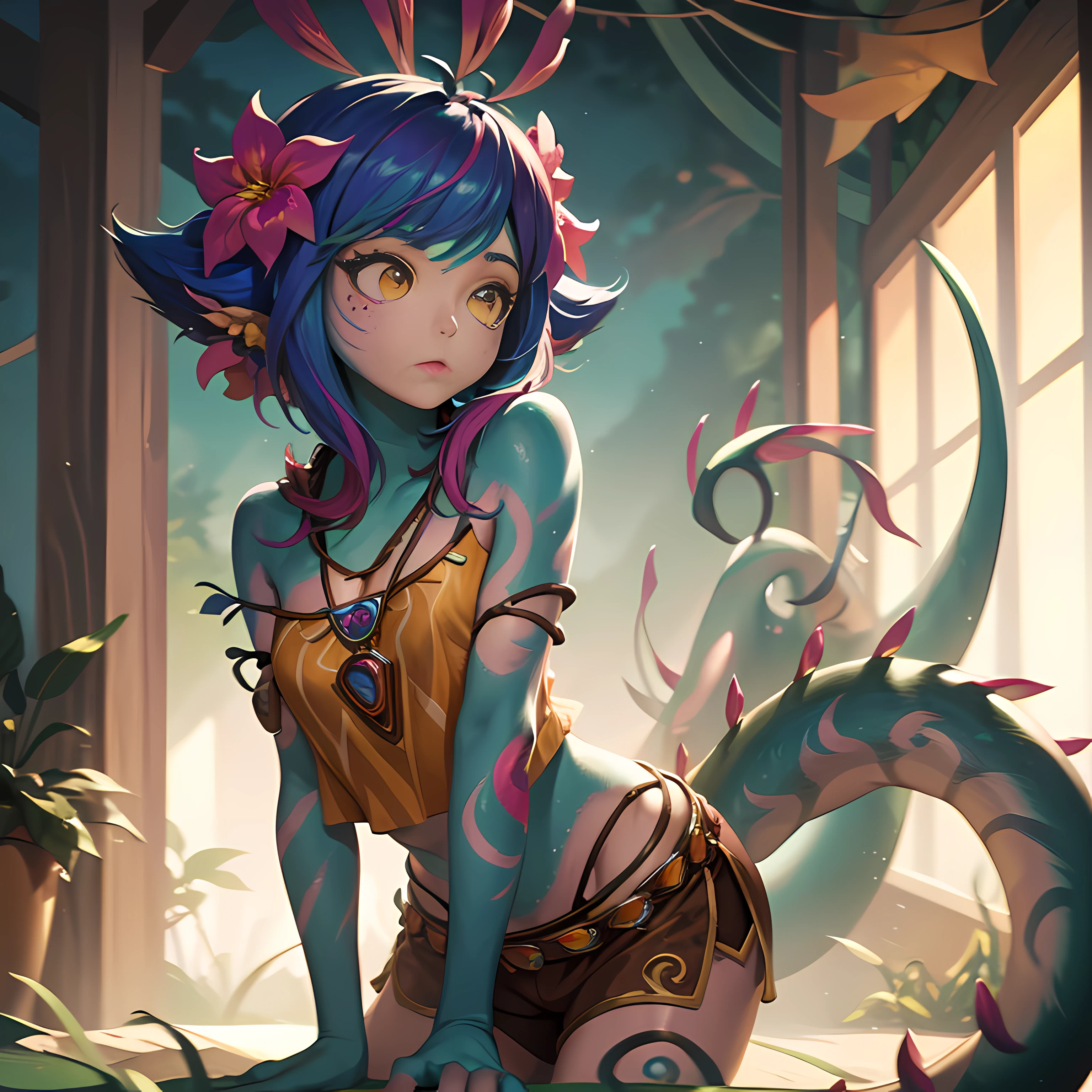 Neeko, 1girl, facial marks, hair ornaments, hair flower, necklace, brown shorts, crop top, multicolored skin, lizard tail, body paint, yellow eyes, perfect anatomy, better hands