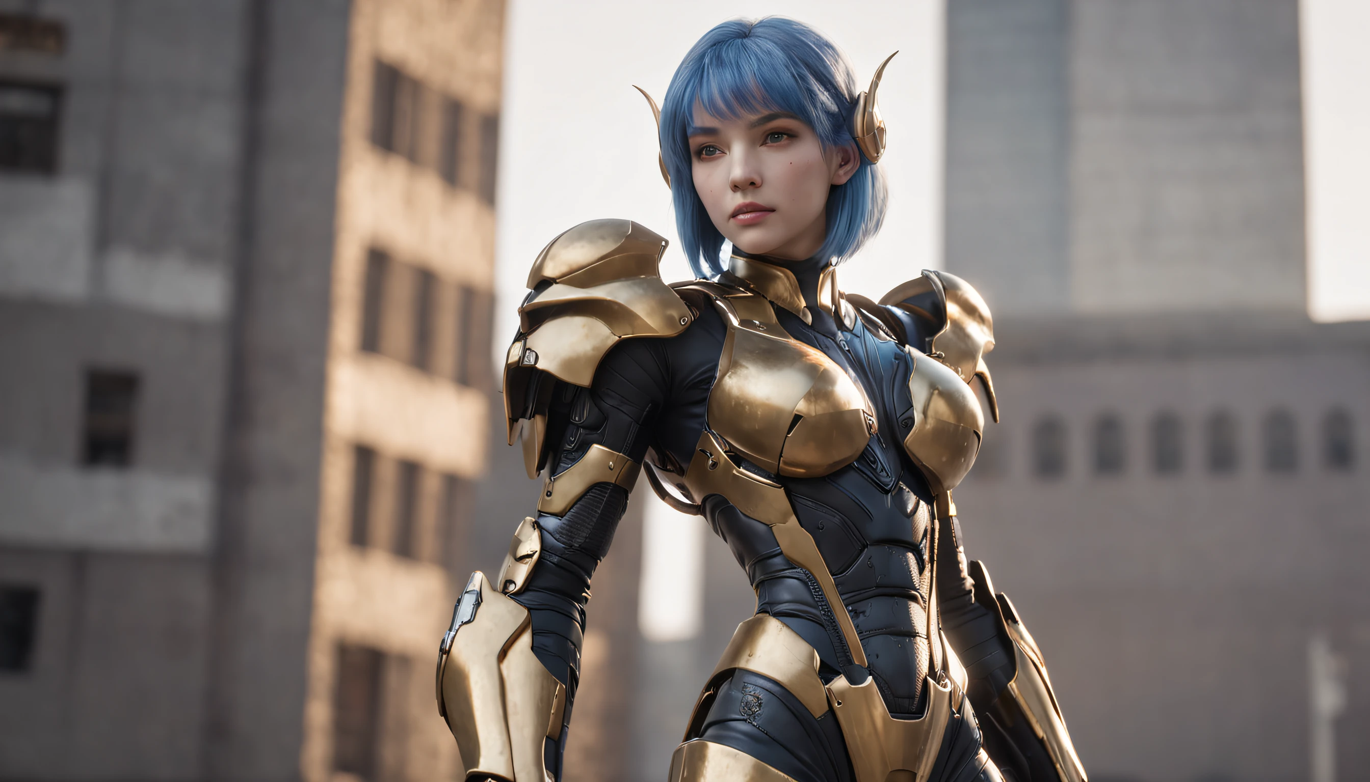 Just a beautiful woman, wearing mecha+medieval armor+black Samus Aran costume with golden metallic parts, blue hair, extremely short hair, hair with bangs in front of the eyes, helmet on the head, looking at the viewer, (((extroverted pose interacting and leaning on something)))), in a city, vehicles, machines, monsters, large structures, background of beautiful landscape with the sunset, ((full body):1.5) ,((Super Metroid)), 16k, UHD, best possible quality, ((ultra detailed):1), best possible resolution, Unreal Engine 5, professional photography, perfect_hands, Sublime, Clockpunk, Artwork, massive scale, textured, Hi-fi, Tapestry, chintzy colors, Unworldly, glowing radioactively lighting, Ultra-realistic, highly detailed, PBR materials, Unity engine, volumetric lighting, 8k