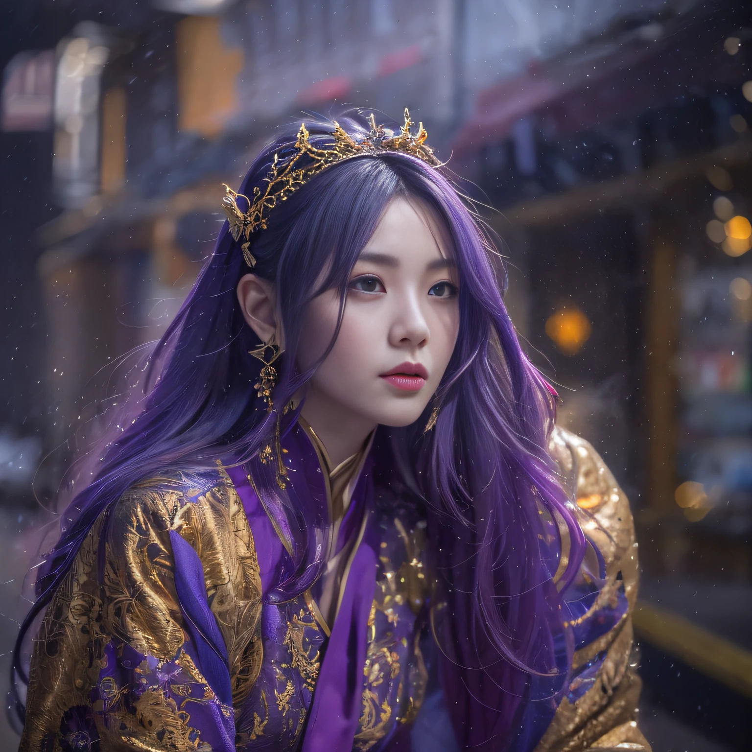 32K（tmasterpiece，k hd，hyper HD，32K）Long flowing bright purple hair，Urban ruins，zydink， a color，  Xuzhou people （Silly girl）， （Silk scarf）， Combat posture， looking at the ground， long whitr hair， Floating bright purple， Fire cloud pattern gold tiara， Chinese long-sleeved gold silk garment， （abstract ink splash：1.2）， smoky background，Lotus protector（realisticlying：1.4），Bright purple hair，Fog on the road，smoke in the background， A high resolution， the detail， RAW photogr， Sharp Re， Nikon D850 Film Stock Photo by Jefferies Lee 4 Kodak Portra 400 Camera F1.6 shots, Rich colors, ultra-realistic vivid textures, Dramatic lighting, Unreal Engine Art Station Trend, cinestir 800，Long flowing bright purple hair，see-through transparent clothes