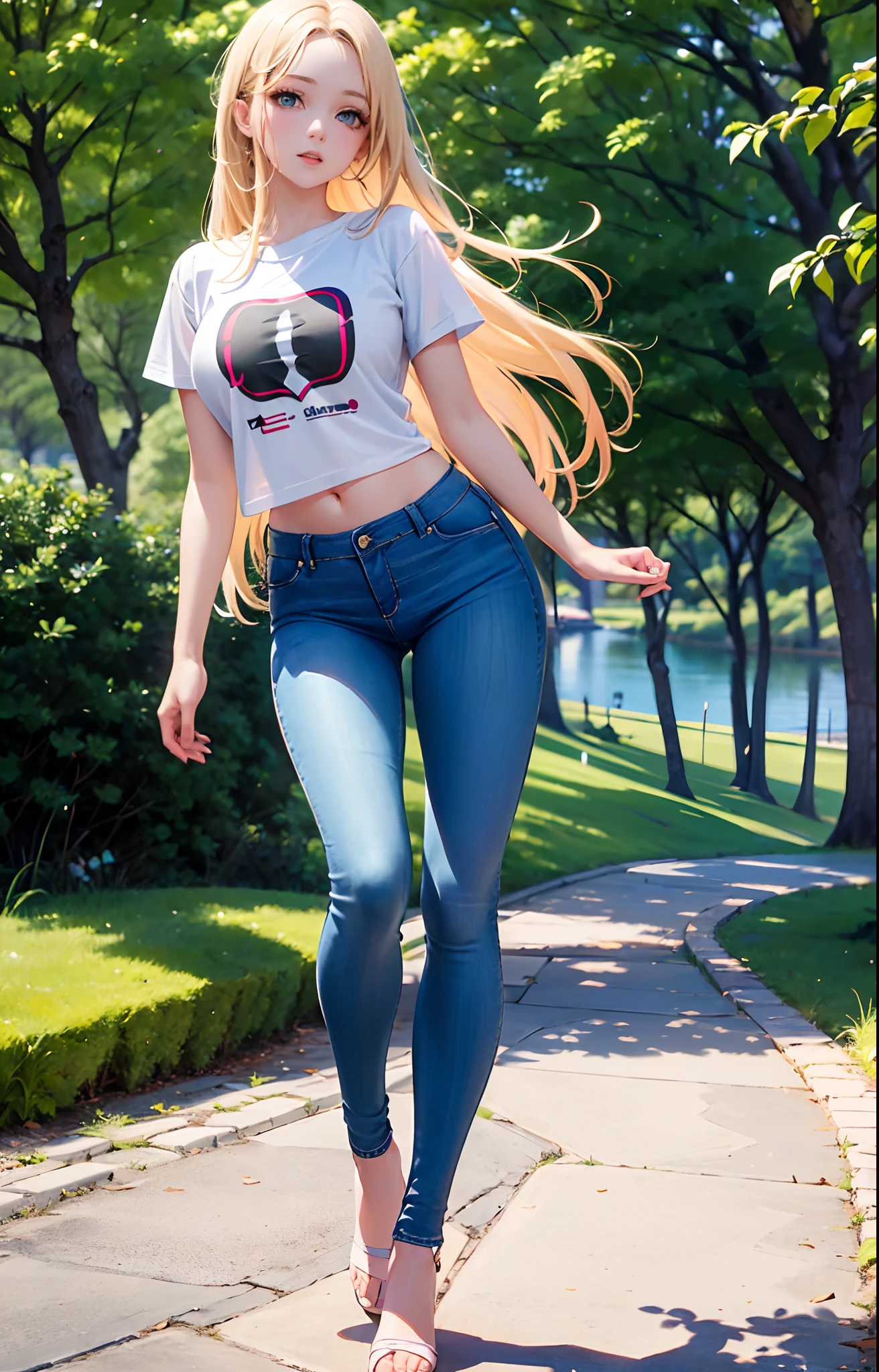 masterpiece, extremery magnificent view, perspective, extremery best quality, extremery detailed CG, 8k wallpaper, high resolution, highly detaiiled face, highly detailed eyes, perfect anatomy, super detailed skin,
(dynamic angle, dynamic pose:1.2), outdoors, park, tree and lake, (portrait, legs focus, full body), (beautiful face, beautiful eyes, beautiful legs:1.3),
1 girl, solo, (t-shirts, skinny jeans:1.3), medium breasts, blonde hair, long hair, floating hair, straight hair, open forehead, parted bangs, blue eyes, (navel, :0.8), skinny, slender, big hips, thin waist
