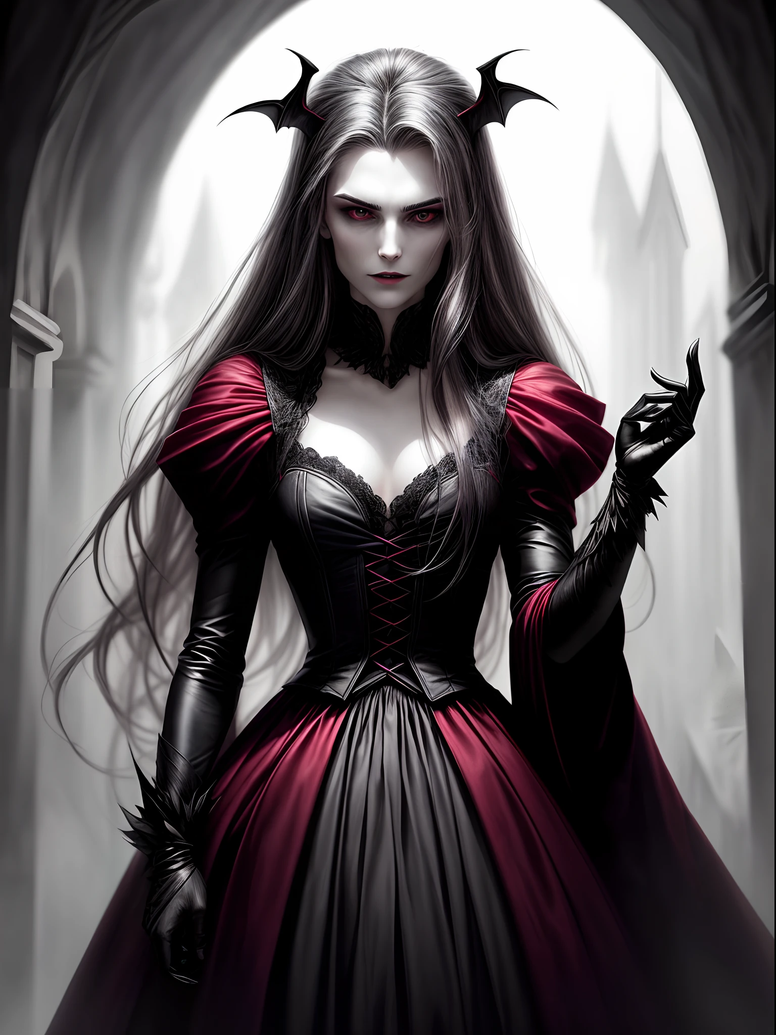 Create an image of a handsome vampire who has just emerged from their slumber. The vampire should be depicted as a creature of elegance and power, with long, flowing hair and sharp, angular features. Their skin should be pale and flawless, with a subtle hint of otherworldliness. The vampire's eyes should be deep and alluring, with a predatory gleam that hints at their insatiable thirst for blood. They should be dressed in attire that is both modern and timeless, with a style that suggests a long history of living among humans. As they emerge from their slumber, the vampire should be shown with a sense of calm confidence, exuding an aura of danger and intrigue. The background should be shrouded in shadow, with just a hint of moonlight filtering through the darkness. In the vampire's hand, there should be a small vial of blood, freshly drawn from their latest victim. The vampire should appear both satisfied and slightly unnerved by their own hunger, as though they are aware of the danger they pose to those around them.