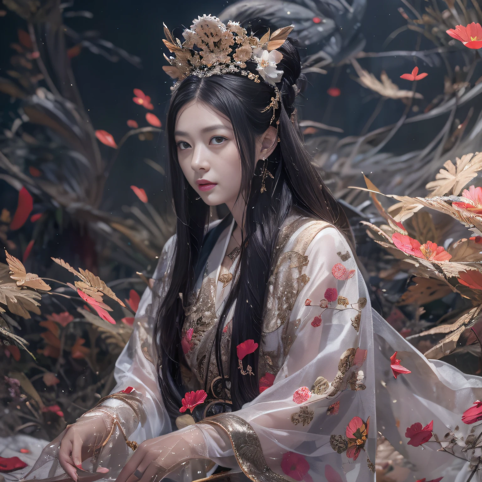 32K（tmasterpiece，k hd，hyper HD，32K）Long flowing black hair，ponds，zydink， a color，  Xuzhou people （Slightly drunk girls）， （Silk scarf）， Combat posture， looking at the ground， long whitr hair， Floating hair， Carp pattern headdress， Chinese long-sleeved clothing， （Abstract gouache splash：1.2）， Pink petal background，Pink and white lotus flowers fly（realisticlying：1.4），Black color hair，Fallen leaves flutter，The background is pure， A high resolution， the detail， RAW photogr， Sharp Re， Nikon D850 Film Stock Photo by Jefferies Lee 4 Kodak Portra 400 Camera F1.6 shots, Rich colors, ultra-realistic vivid textures, Dramatic lighting, Unreal Engine Art Station Trend, cinestir 800，Long flowing black hair，see-through transparent clothes