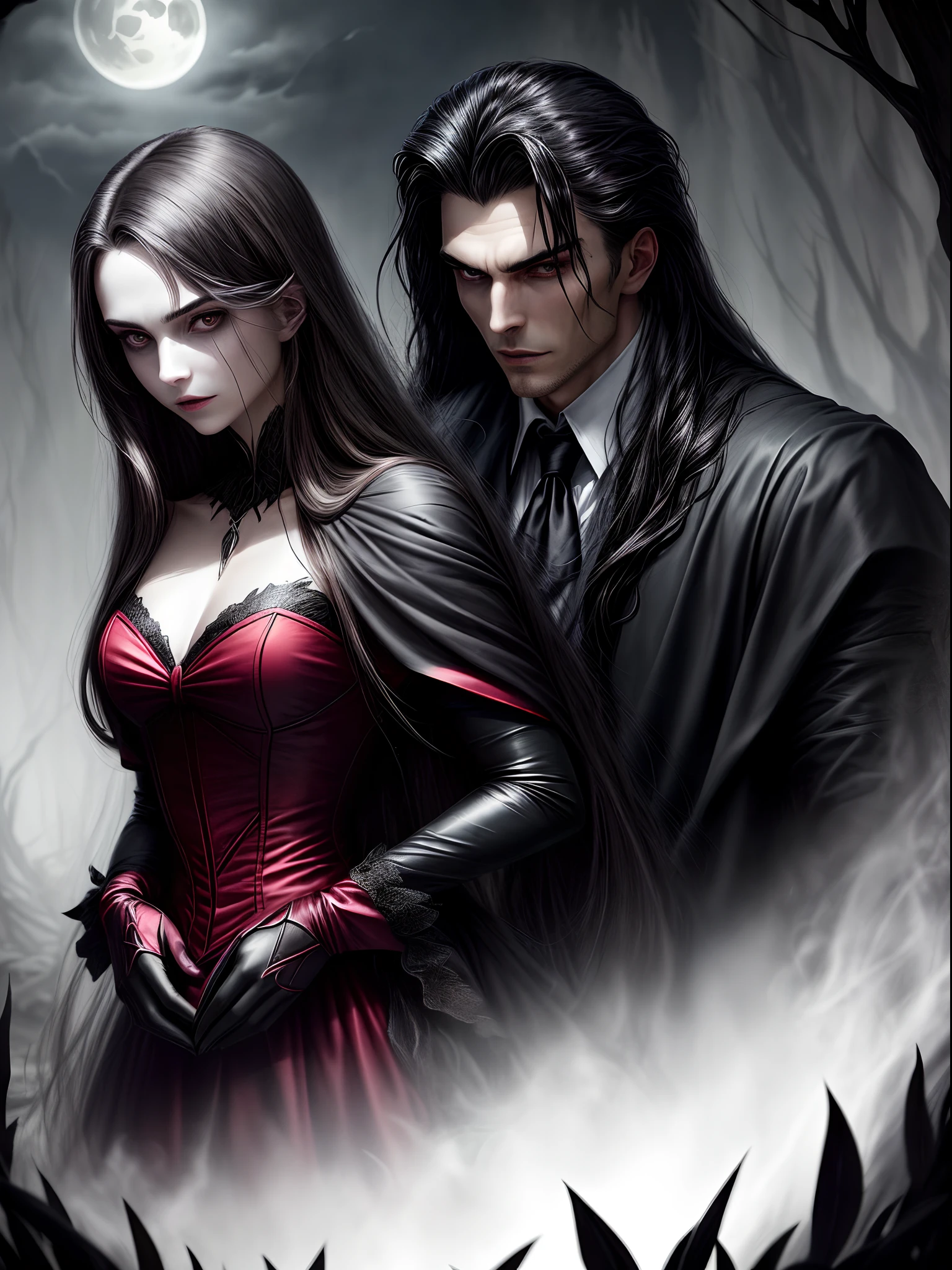 "Illustrate a dark and gothic scene set in a fog-covered graveyard under a full moon. A tall, elegant vampire with pale skin, sharp fangs, and piercing red eyes stands in the foreground, draped in a black velvet cloak that billows in the night wind. He is accompanied by a female vampire, equally pale and mysterious, with long, flowing black hair and a blood-red dress. Both have an aura of danger and allure. Around them, the graveyard is filled with ancient, weathered tombstones, twisted trees, and bats flying through the mist. The moonlight casts eerie shadows, and a crumbling mausoleum can be seen in the background. The overall atmosphere is chilling, with a blend of horror and gothic beauty."

