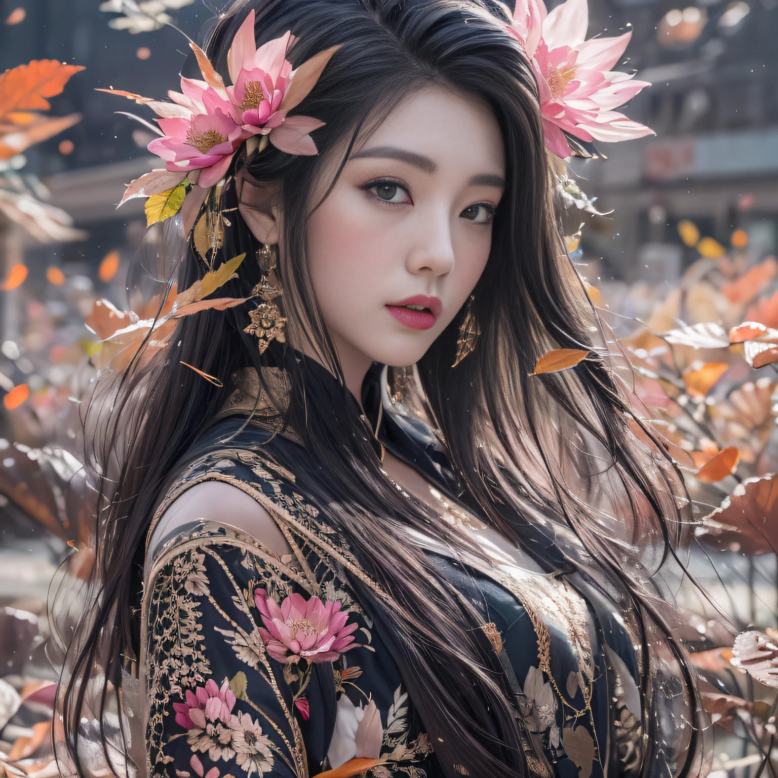 32K（tmasterpiece，k hd，hyper HD，32K）Long flowing black hair，ponds，zydink， a color，  Xuzhou people （Slightly drunk girls）， （Silk scarf）， Combat posture， looking at the ground， long whitr hair， Floating hair， Carp pattern headdress， Chinese long-sleeved clothing， （Abstract gouache splash：1.2）， Pink petal background，Pink and white lotus flowers fly（realisticlying：1.4），Black color hair，Fallen leaves flutter，The background is pure， A high resolution， the detail， RAW photogr， Sharp Re， Nikon D850 Film Stock Photo by Jefferies Lee 4 Kodak Portra 400 Camera F1.6 shots, Rich colors, ultra-realistic vivid textures, Dramatic lighting, Unreal Engine Art Station Trend, cinestir 800，Long flowing black hair，see-through transparent clothes