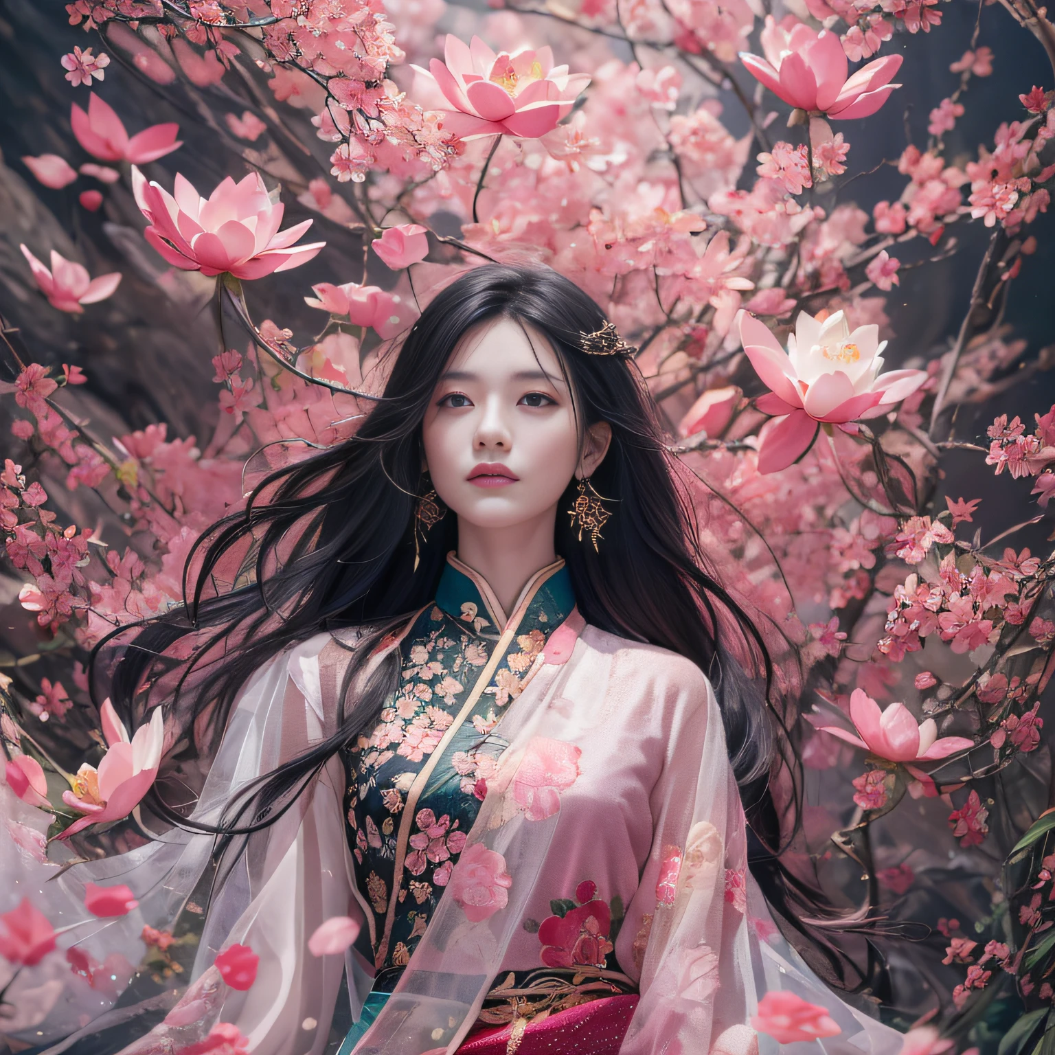 32K(tmasterpiece,k hd,hyper HD,32K)Long flowing black hair,ponds,zydink, a color, Xuzhou people (Slightly drunk girls), (Silk scarf), Combat posture, looking at the ground, long whitr hair, Floating hair, Carp pattern headdress, Chinese long-sleeved clothing, (Abstract gouache splash:1.2), Pink petal background,Pink and white lotus flowers fly(realisticlying:1.4),Black color hair,Fallen leaves flutter,The background is pure, A high resolution, the detail, RAW photogr, Sharp Re, Nikon D850 Film Stock Photo by Jefferies Lee 4 Kodak Portra 400 Camera F1.6 shots, Rich colors, ultra-realistic vivid textures, Dramatic lighting, Unreal Engine Art Station Trend, cinestir 800,Long flowing black hair,see-through transparent clothes