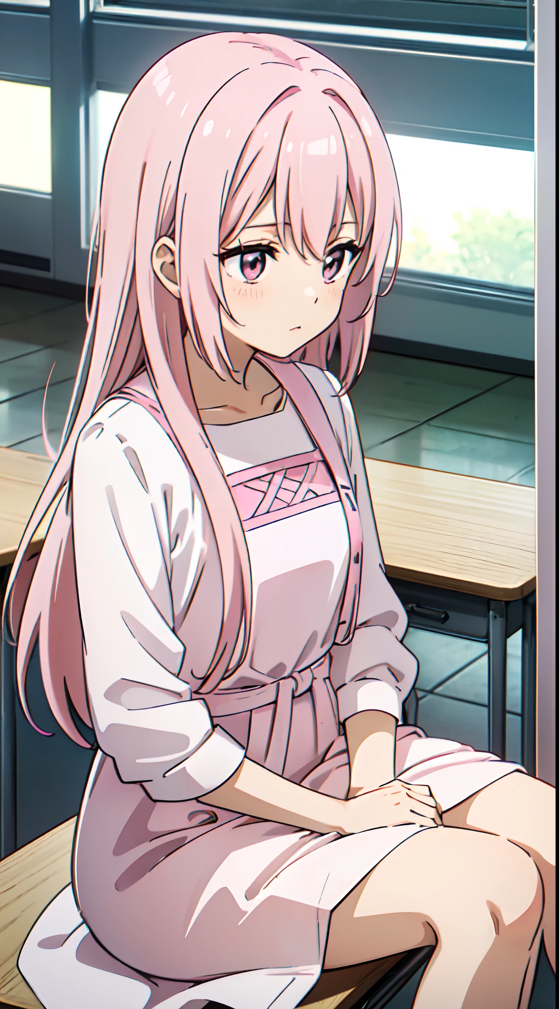 (((A pink-haired girl wears a long white dress)))，((( while sitting in a classroom)))